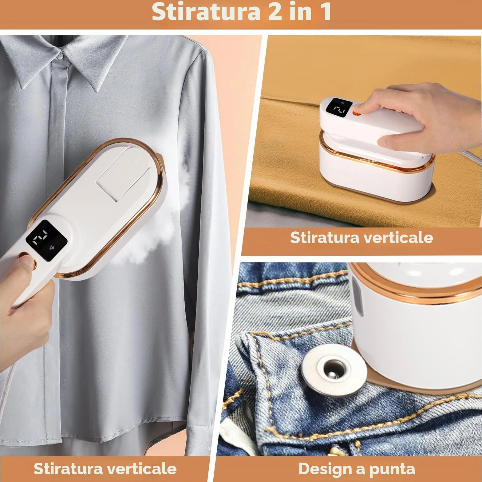 Ferro da Stiro a Vapore 1200W 2-in-1 Portatile, Serbatoio 150 ml, 3 Livelli di Vapore, Riscaldamento Rapido 10 Secondi