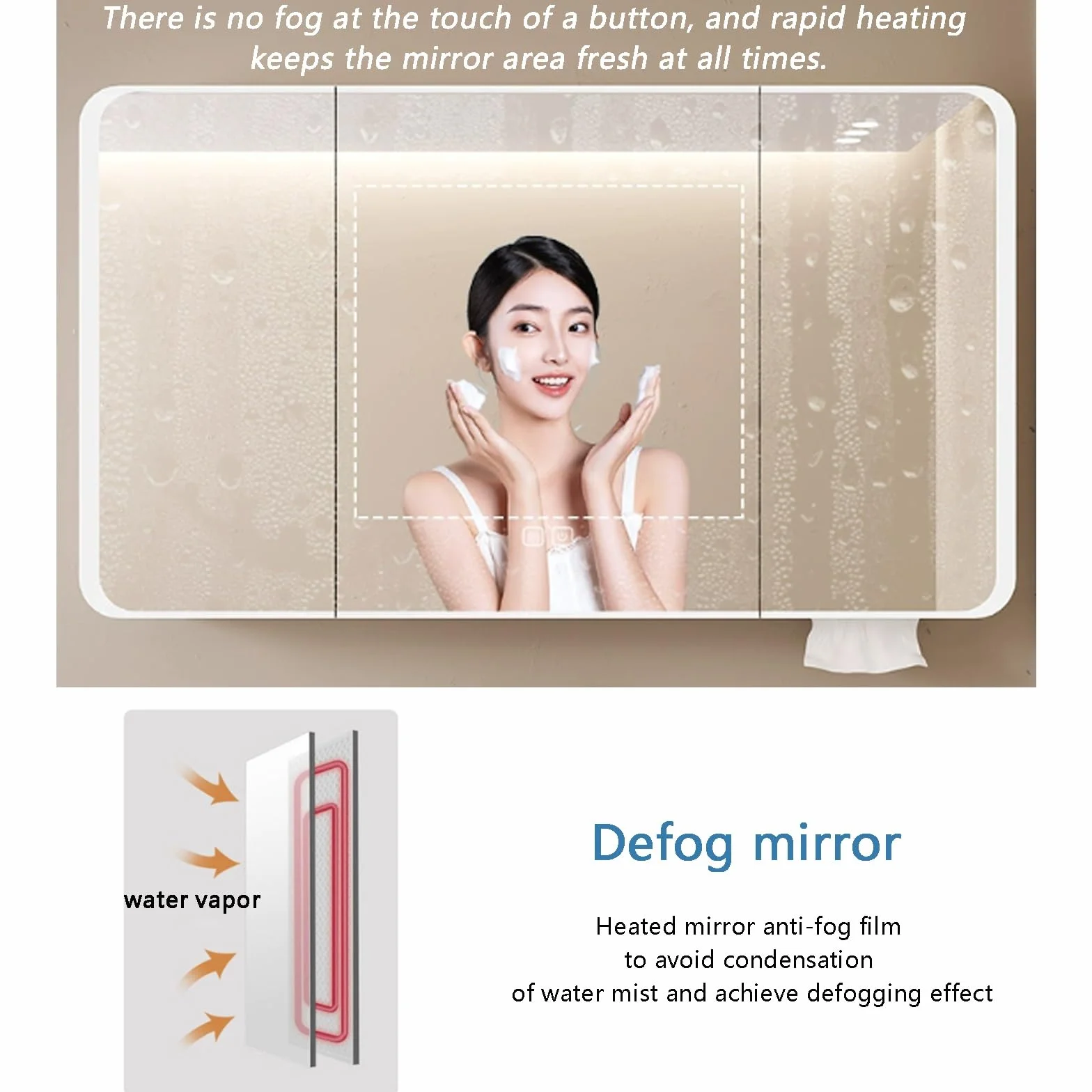 Specchio da bagno intelligente con luce anti-appannamento, trucco, attenuazione continua, interruttore tattile, ad alta definizione, montaggio a parete
