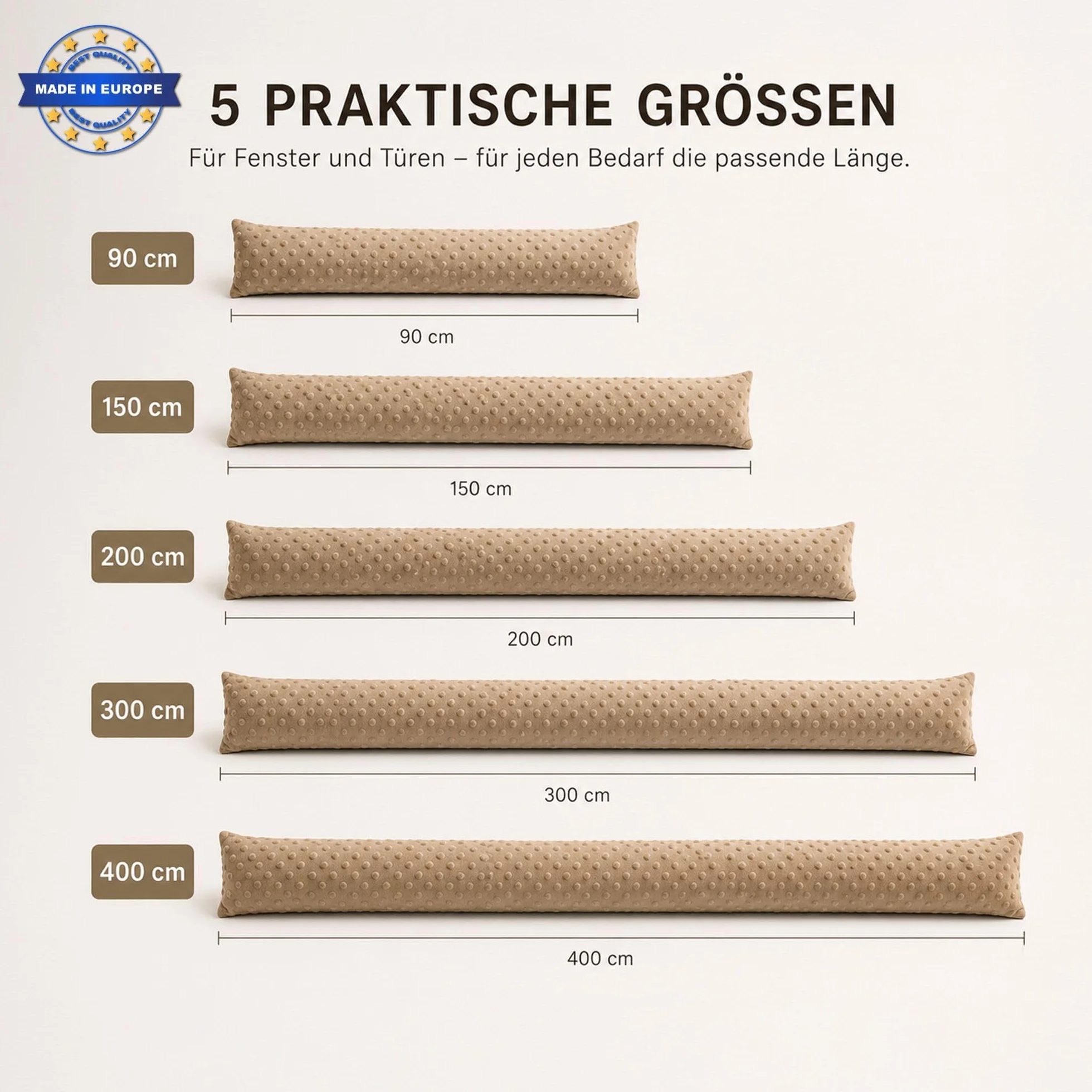 Paraspifferi porta isolante 150 cm - Salsicciotto sottoporta e finestra antivento decorativo Ideale per ingresso casa finestre e cuscino per cameretta bambini Oeko-Tex Beige