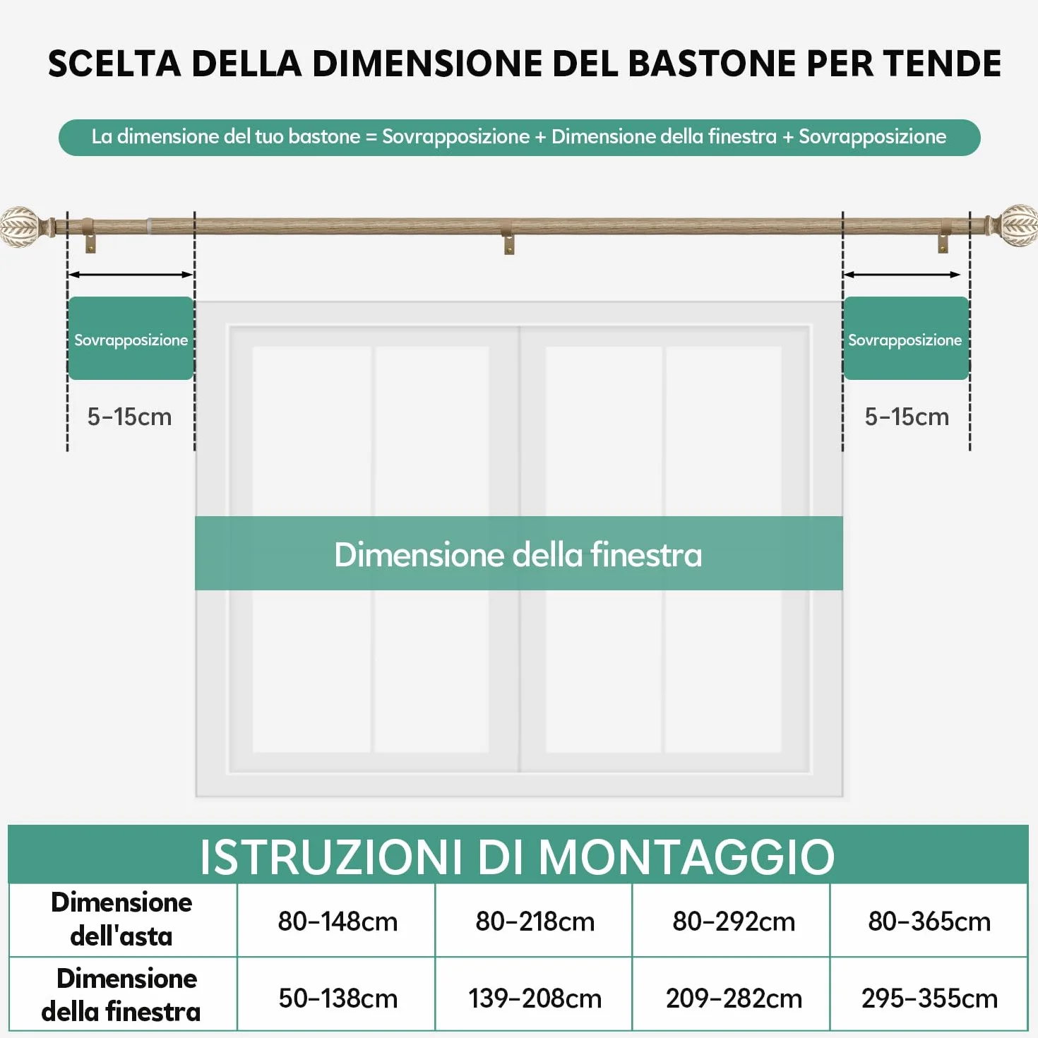 Bastone Tenda Effetto Legno Chiaro Asta Metallica Estensibile 80-218 cm Diametro 25 mm Alta Portanza Parete