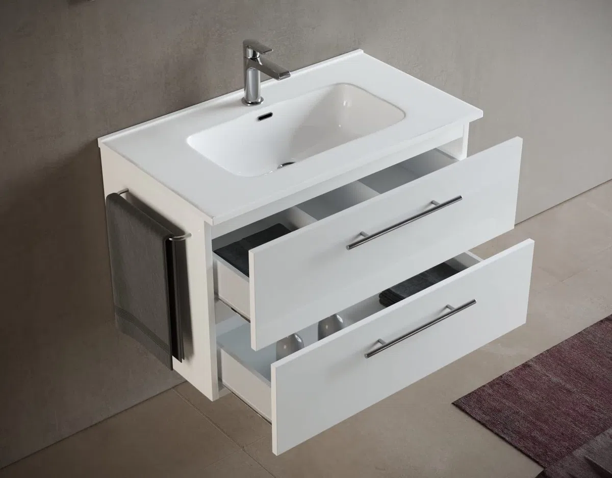 Mama Store ERA 60 - Mobile Bagno Sospeso 60 CM BIANCO LUCIDO LACCATO con Lavabo, Specchio e Lampada LED, L.62 X P.47 X H.53 cm