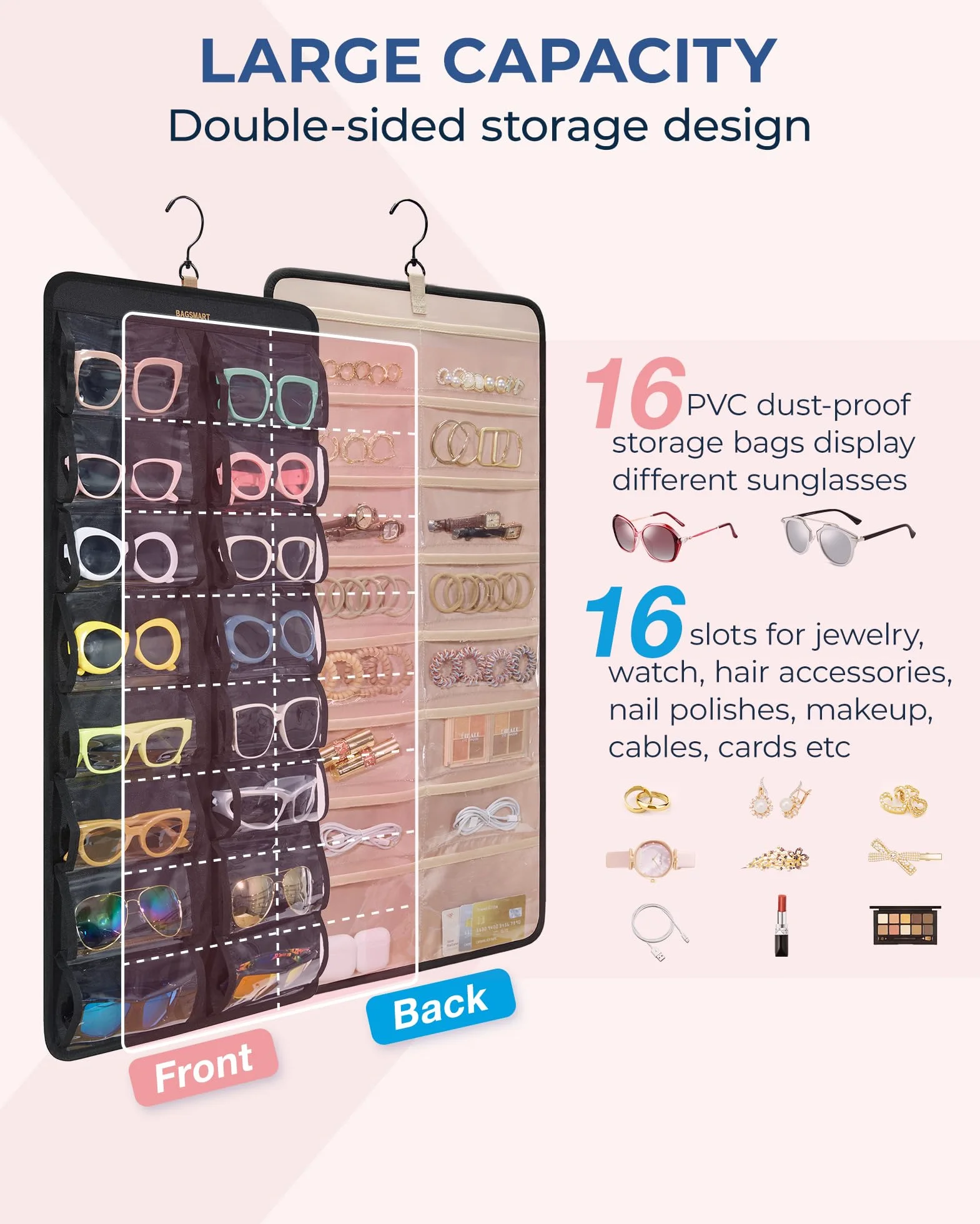 BAGSMART Organizer da appendere per occhiali da sole, custodia antipolvere con 32 scomparti e gancio