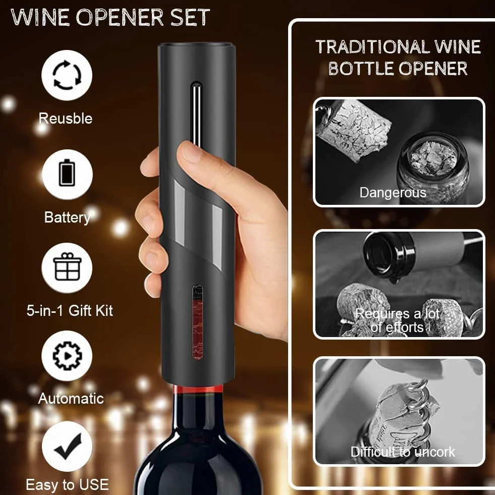 Cavatappi Elettrico 6 In 1 Set con Base, Taglierina, Versatore, Tappo Silicone Vuoto, Ricarica USB
