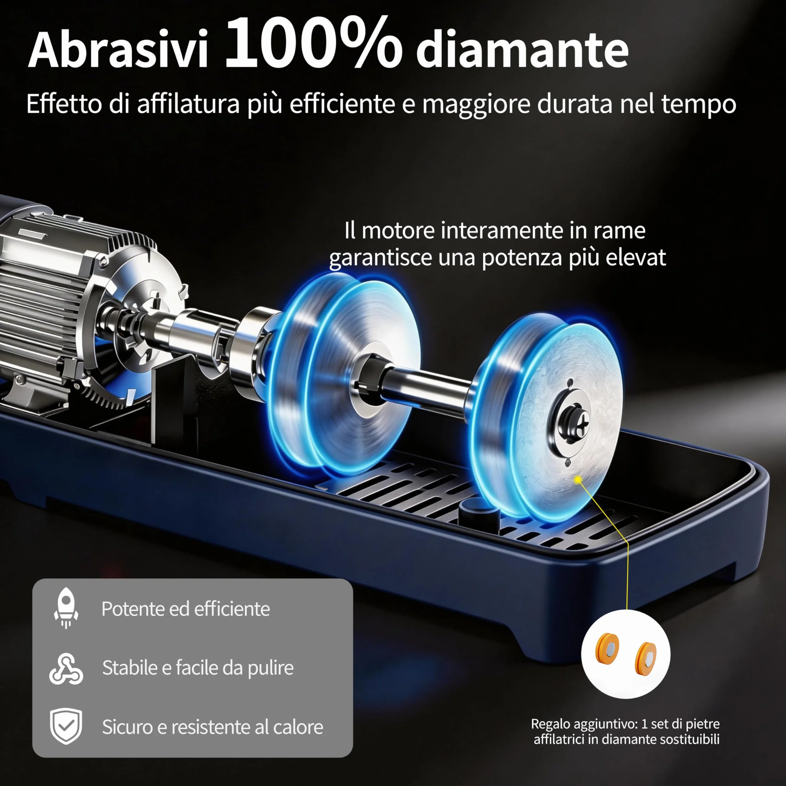 Affilacoltelli elettrico 5 in 1, rivestimento in diamante, motore silenzioso, base antiscivolo