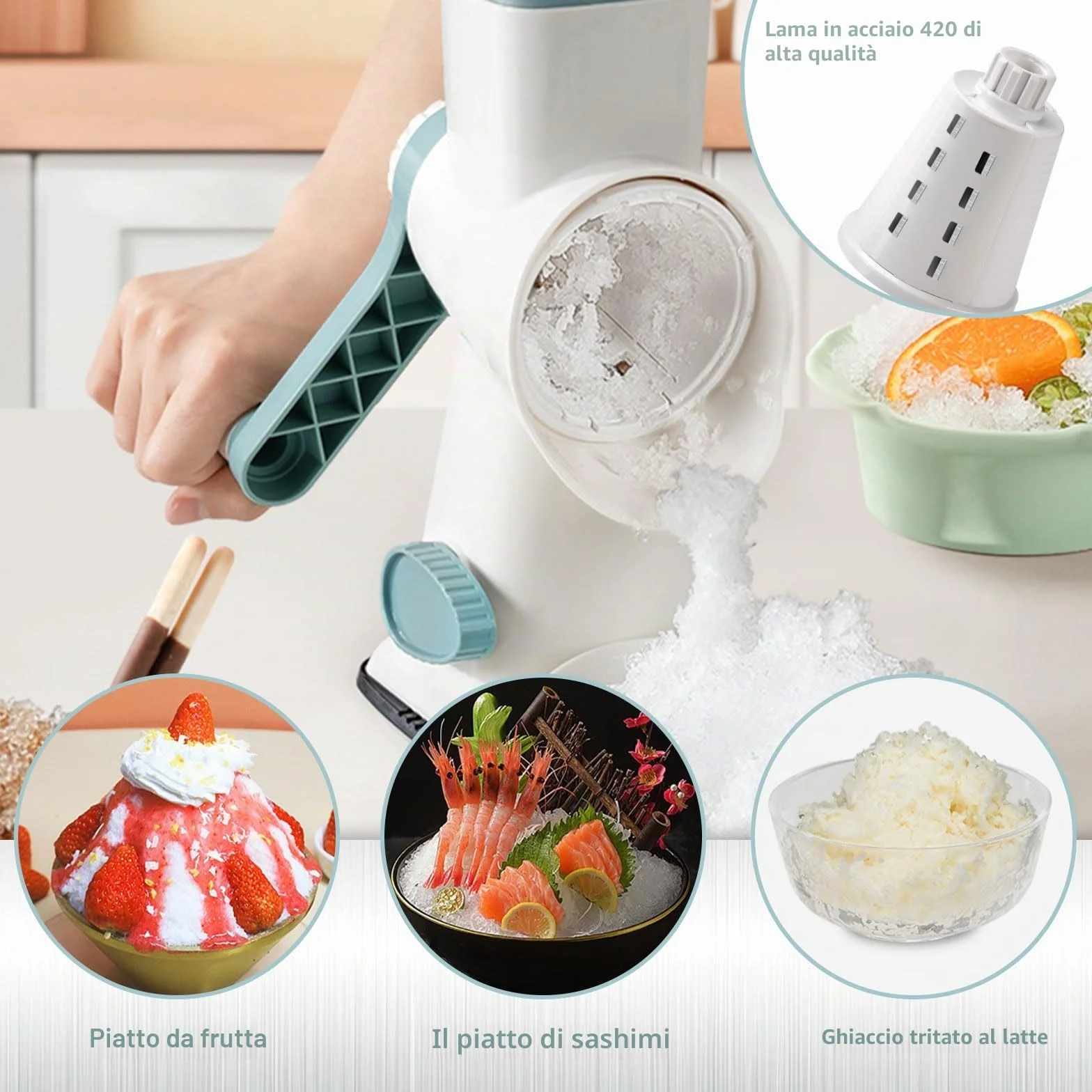 Macchina per graniglie, panemy Graniter, Lame a doppia fila angolo 45°, Frantumazione ghiaccio efficiente, risparmio sforzo, tritatutto adatto campeggio, cocktail, caffè freddo, gelato