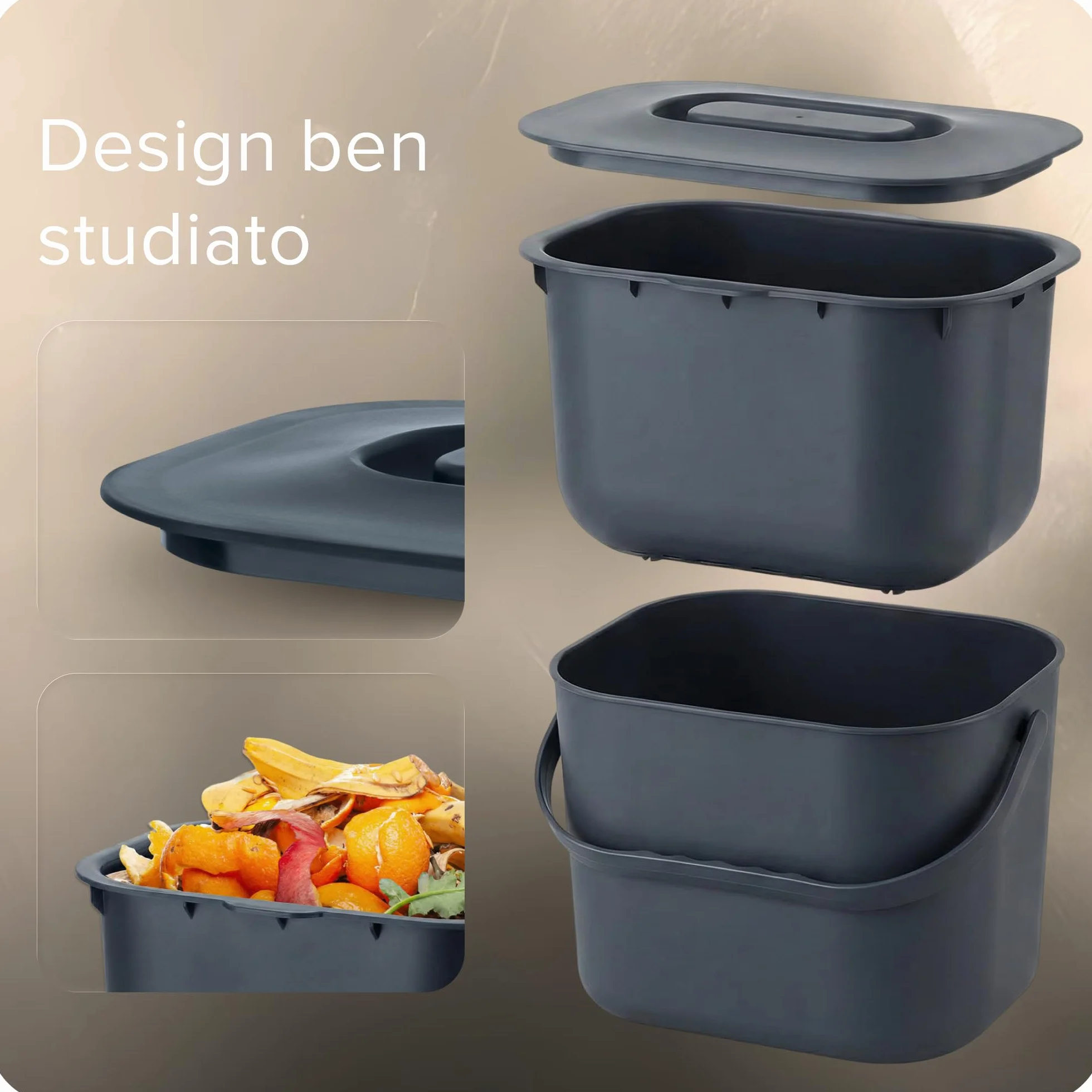 Black Sweden Home Bidone da Cucina Organico 7L per Compost- Secchio per Rifiuti Alimentari Inodore con Coperchio -Lavabile in Lavastoviglie & Ecologico- Organizer da Cucina per Uso Quotidiano | Grigio
