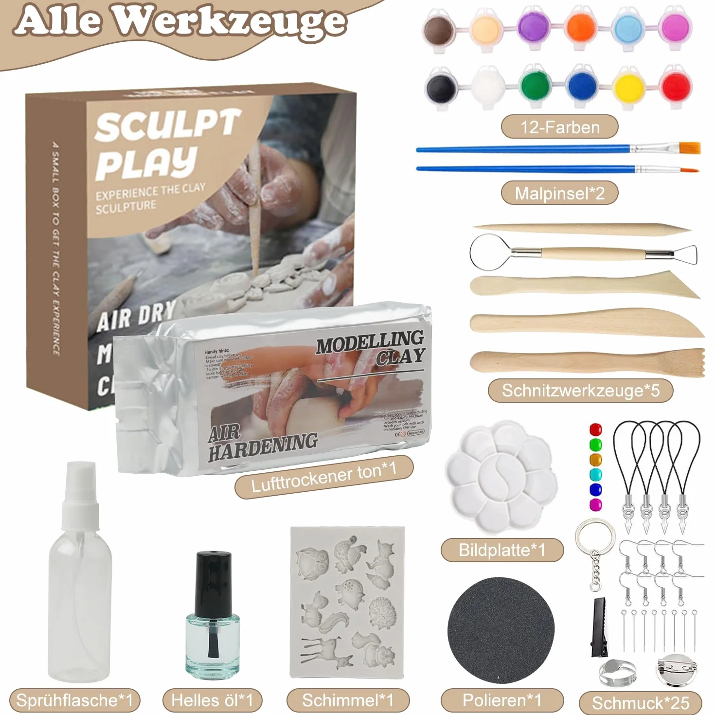 Augesak Kit Argilla Senza Cottura, Ceramica Fai da te Adulti Bambini, Pottery Kit con Attrezzi Colori Pennelli