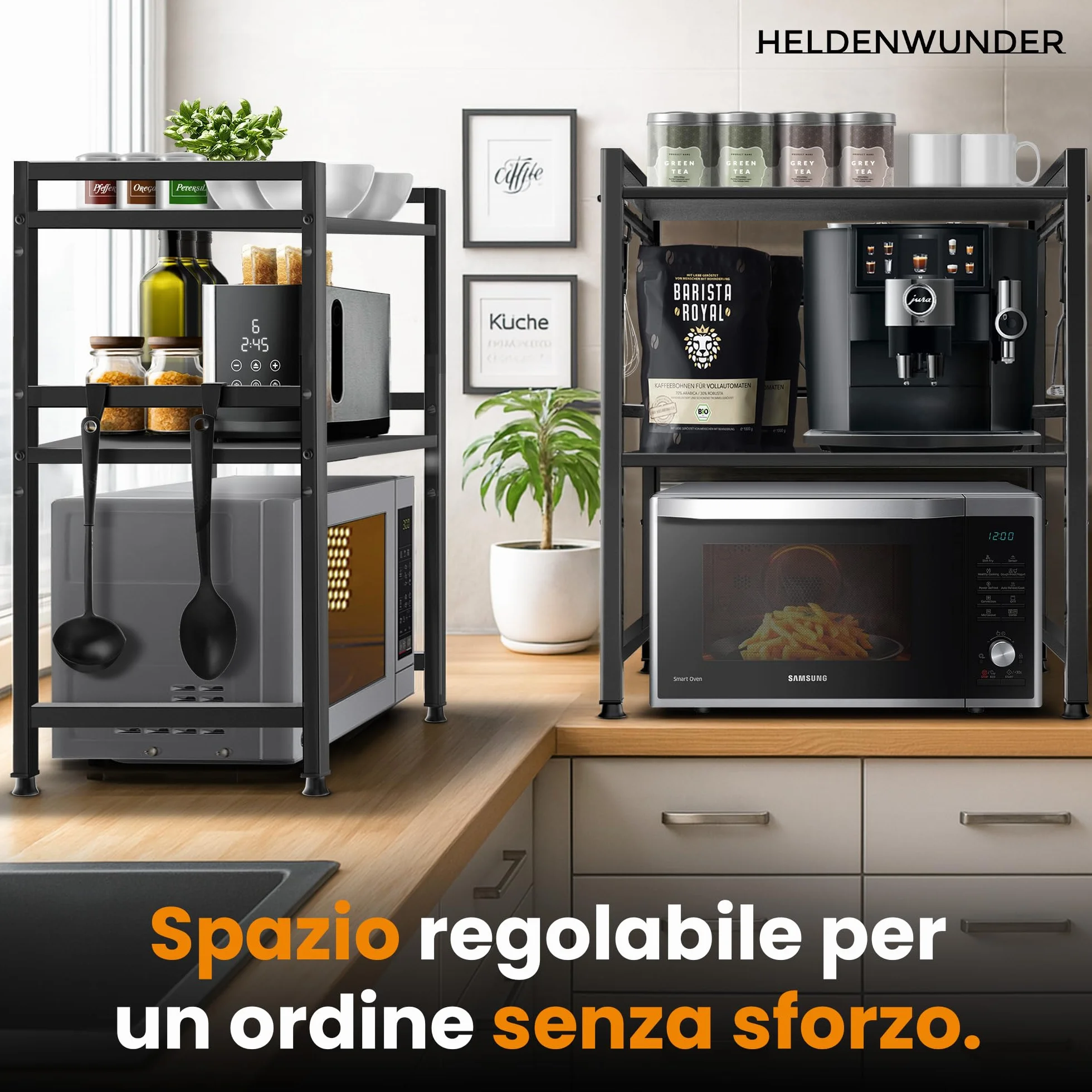 Heldenwunder Mensola Mobile Cucina Salvaspazio Acciaio 2 Ripiani Organizer Forno Mobiletto Supporto Microonde Regolabile Nero