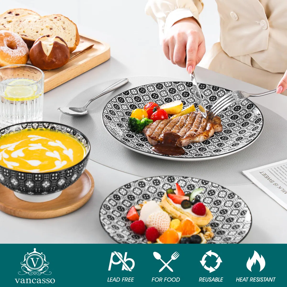 vancasso Haruka, Servizio Piatti Colorati 8 Persone Set 32 Pezzi Stile Giapponese Nero in Porcellana con Piatti frutta, Tazza da Tè, Piatti Piano Scodella Colazione