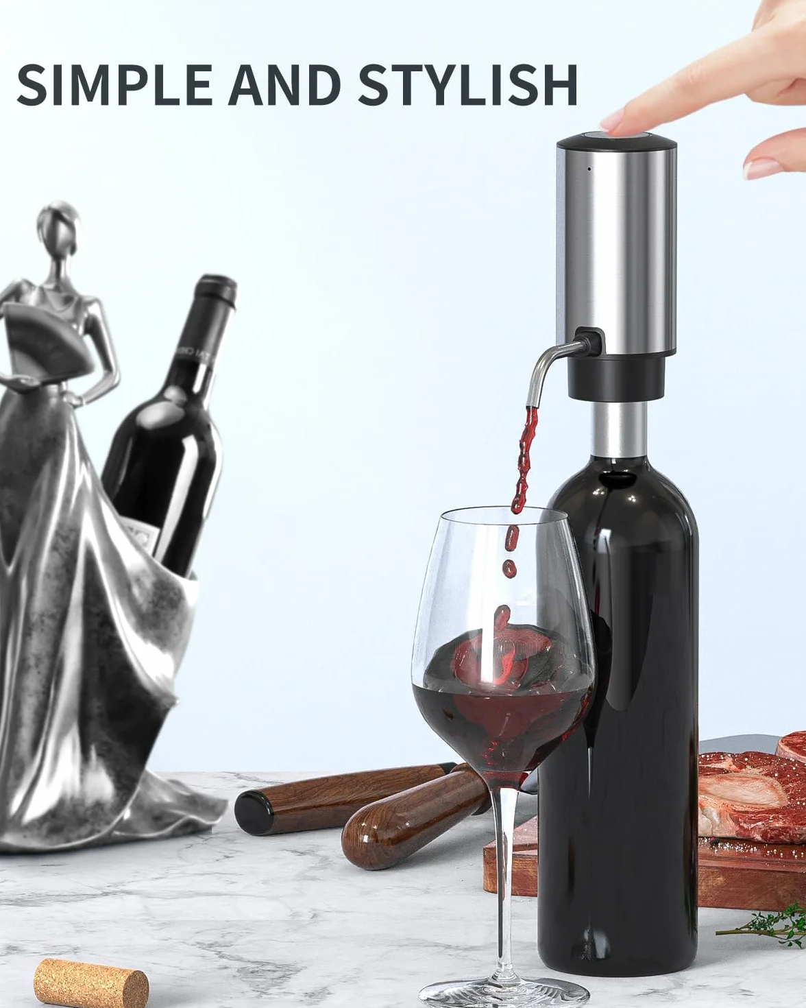 CIRCLE JOY Aeratore Elettrico per Vino Decanter Ricaricabile con Base di Conservazione Cavatappi e Tappo Sottovuoto Argento