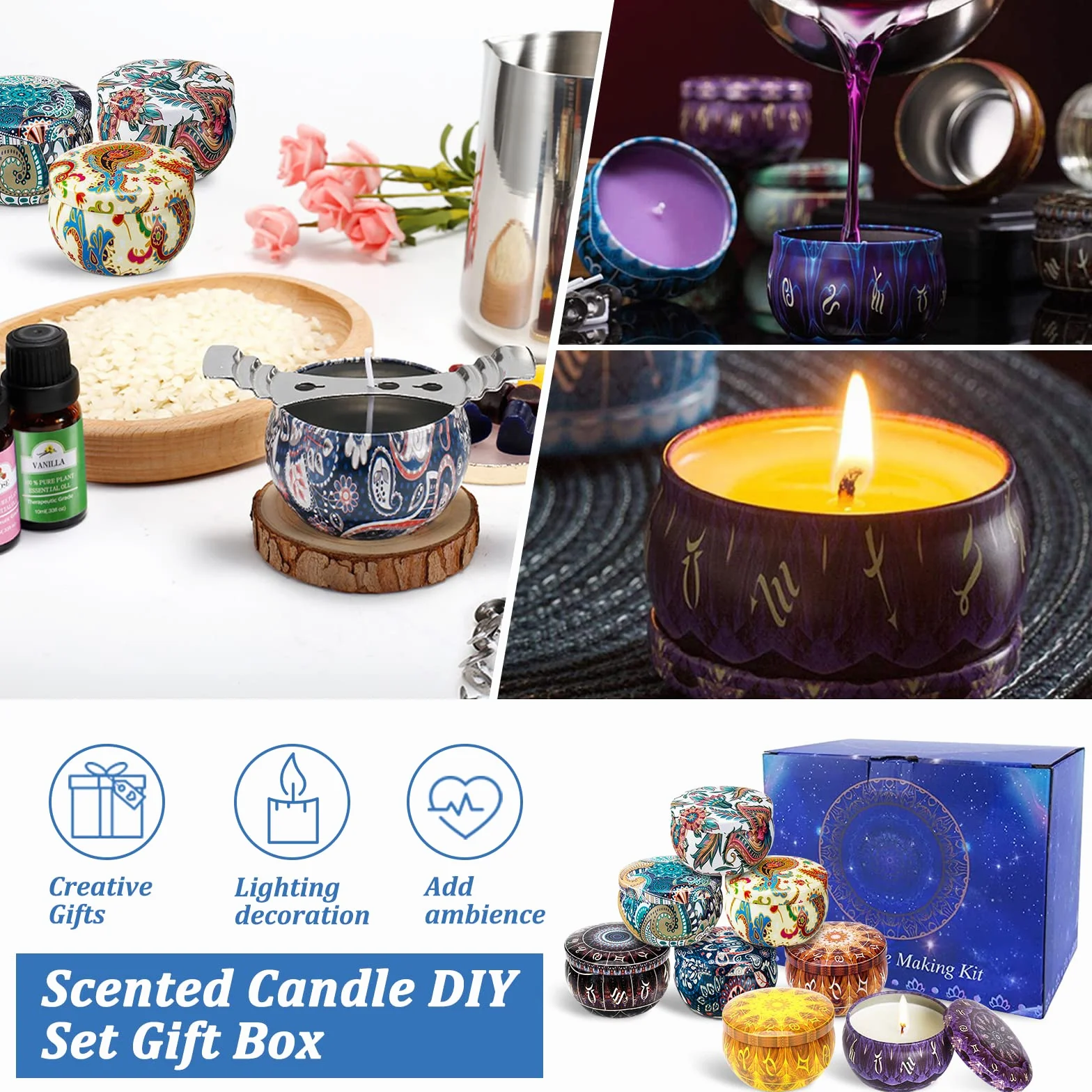 Kit per Fabbricazione Candele DIY JOYBOY Cera di soia, Stoppini, Barattoli, Stampo Silicone