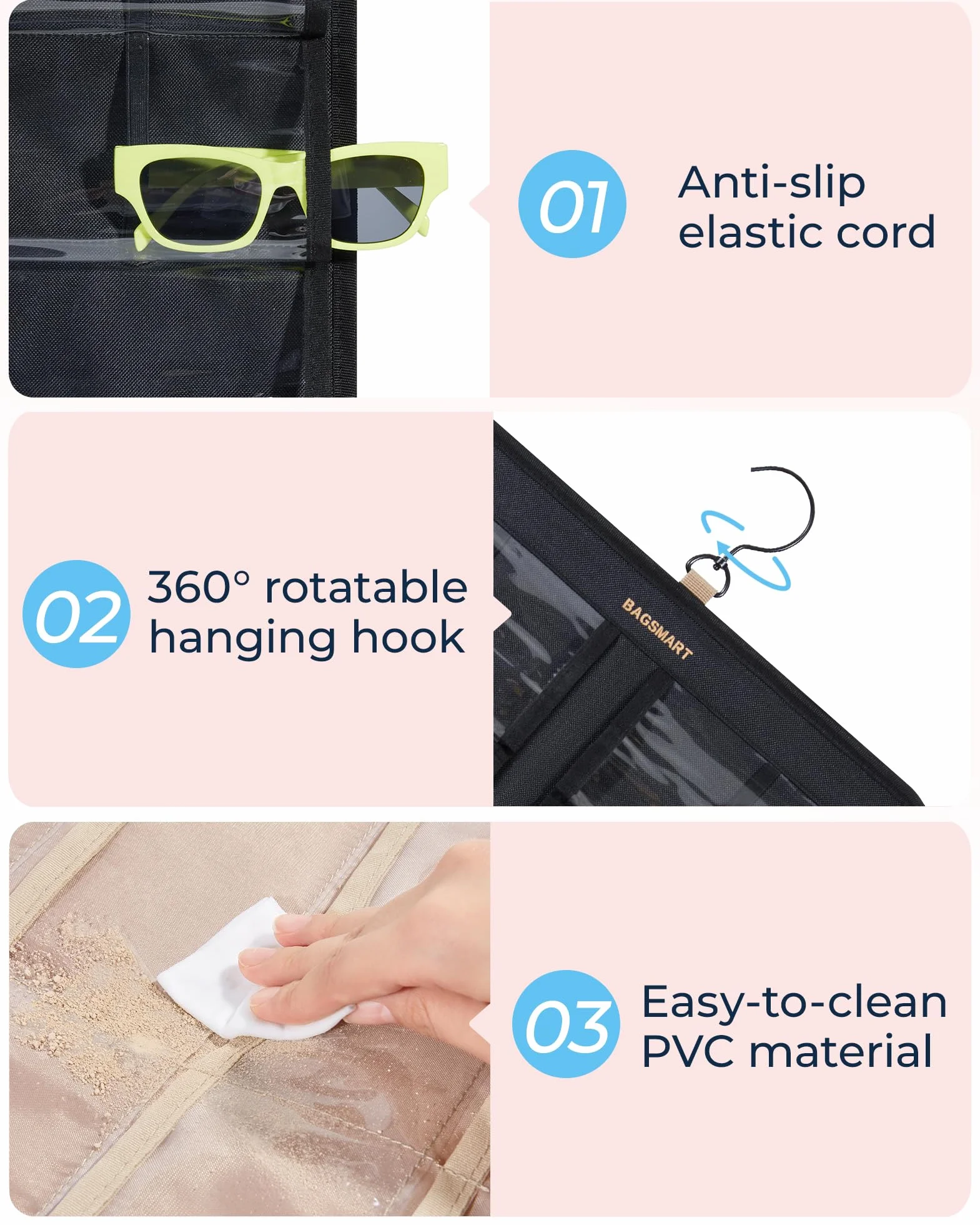BAGSMART Organizer da appendere per occhiali da sole, custodia antipolvere con 32 scomparti e gancio