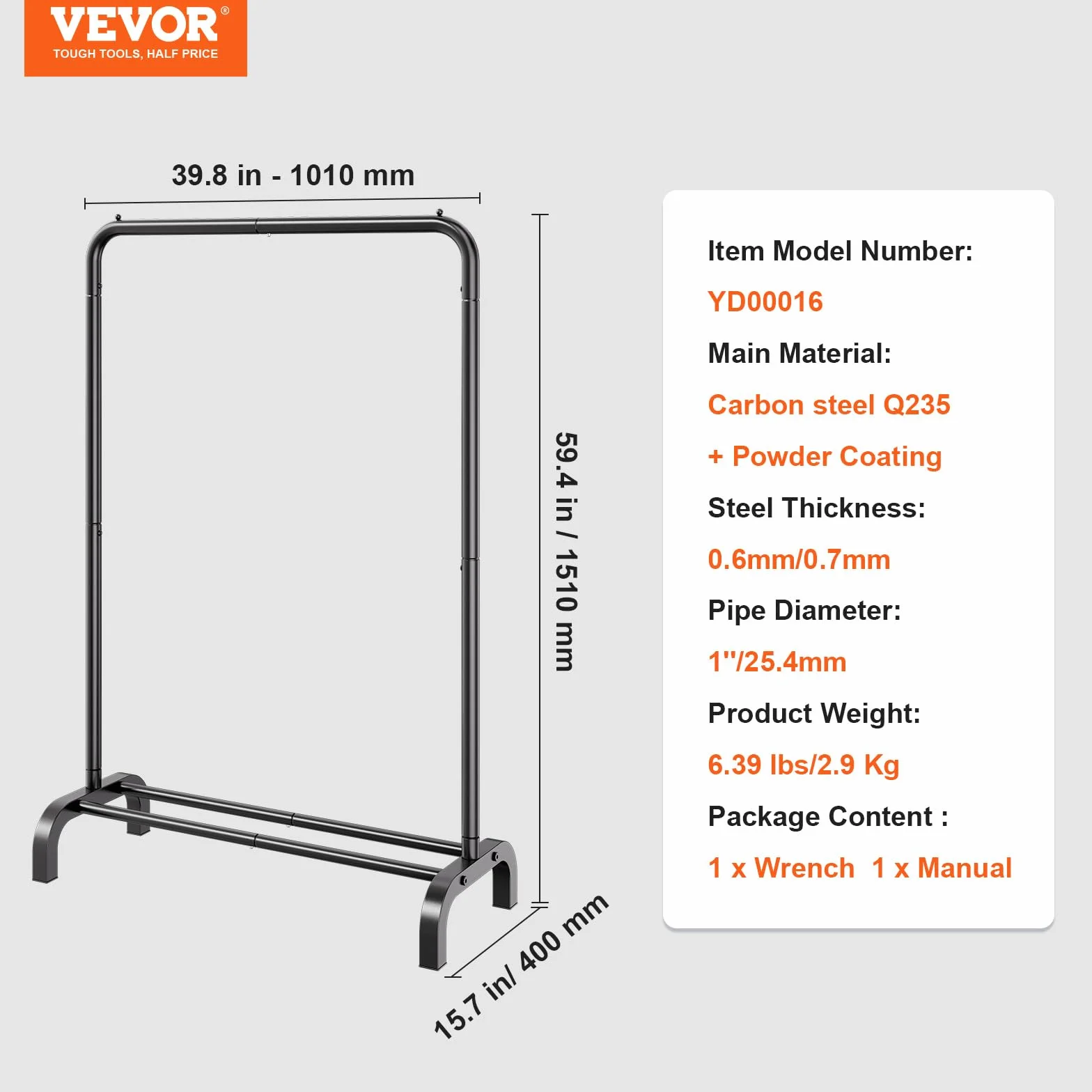 VEVOR Stand Appendiabiti Barra Singola Ripiano Singolo da Appendere per Camera da Letto Soggiorno, Appendiabiti in Acciaio al Carbonio Q235 Diametro del Tubo 25,4 mm, Stand Appendiabiti Peso di 2,9 kg