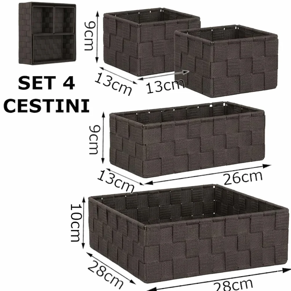 OCEANO Set 4 Cestini Portaoggetti Intrecciati Organizer Bagno Salvaspazio Marrone