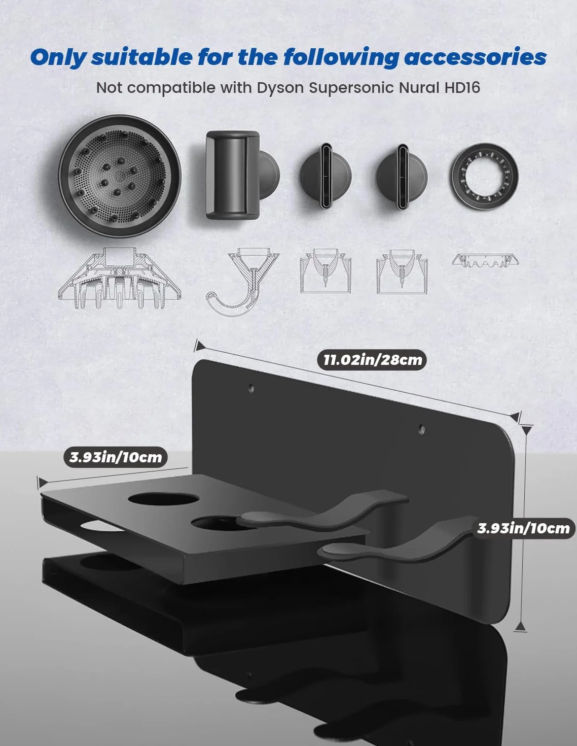 Porta Phone Bagno da Muro, Porta Phon da Muro, Porta Asciugacapelli da Parete Compatibile con Dyson Supersonic, Hair Dryer Holder Contenere Fino a 5 Bocchette per Asciugacapelli(Nero)