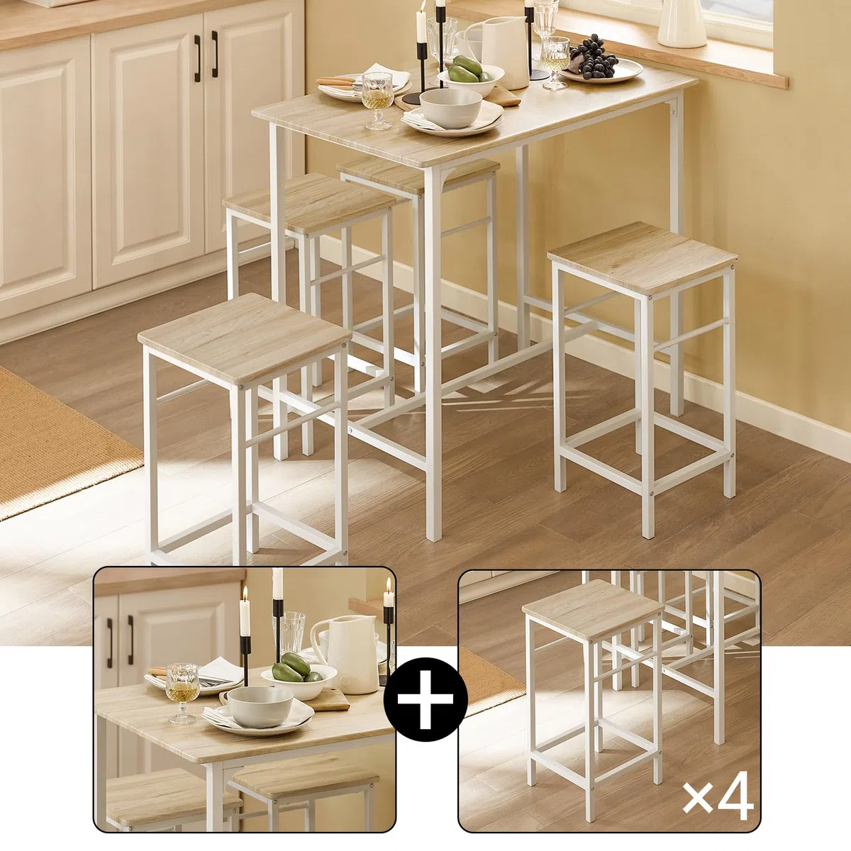 SoBuy Set Tavolo da Bar Alto con 4 Sgabelli Tavolo Salvaspazio per Cucina Piccola e Balcone, Stile Industriale Moderno Tavolino Alto da Esterno per Giardino o Terrazzo OGT11-WN