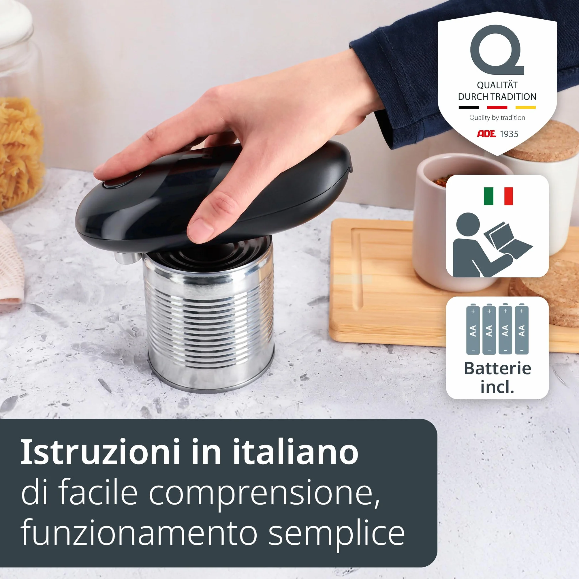 ADE Apriscatole elettrico professionale con magnete e gancio, per anziani, batterie incluse