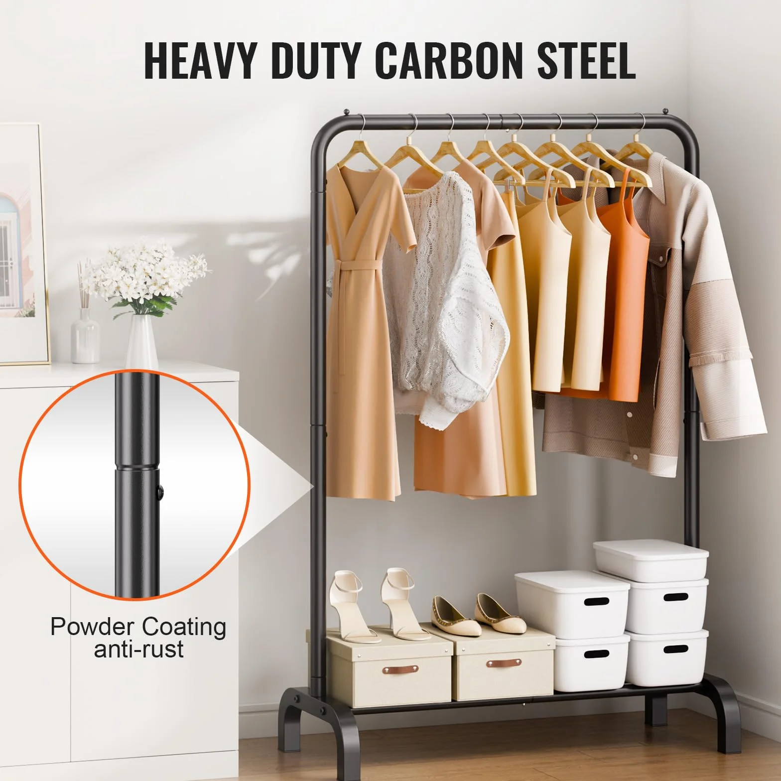 VEVOR Stand Appendiabiti Barra Singola Ripiano Singolo da Appendere per Camera da Letto Soggiorno, Appendiabiti in Acciaio al Carbonio Q235 Diametro del Tubo 25,4 mm, Stand Appendiabiti Peso di 2,9 kg