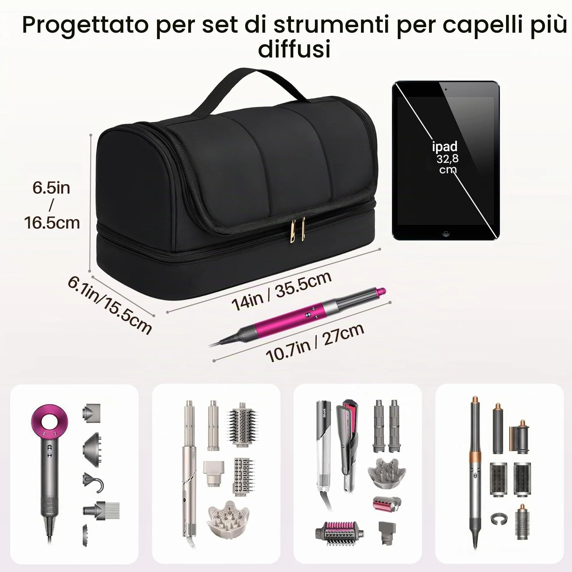Custodia da viaggio da appendere per asciugacapelli, compatibile con Dyson Airwrap e Shark FlexStyle, borsa organizer idrorepellente con divisorio, beauty case da viaggio