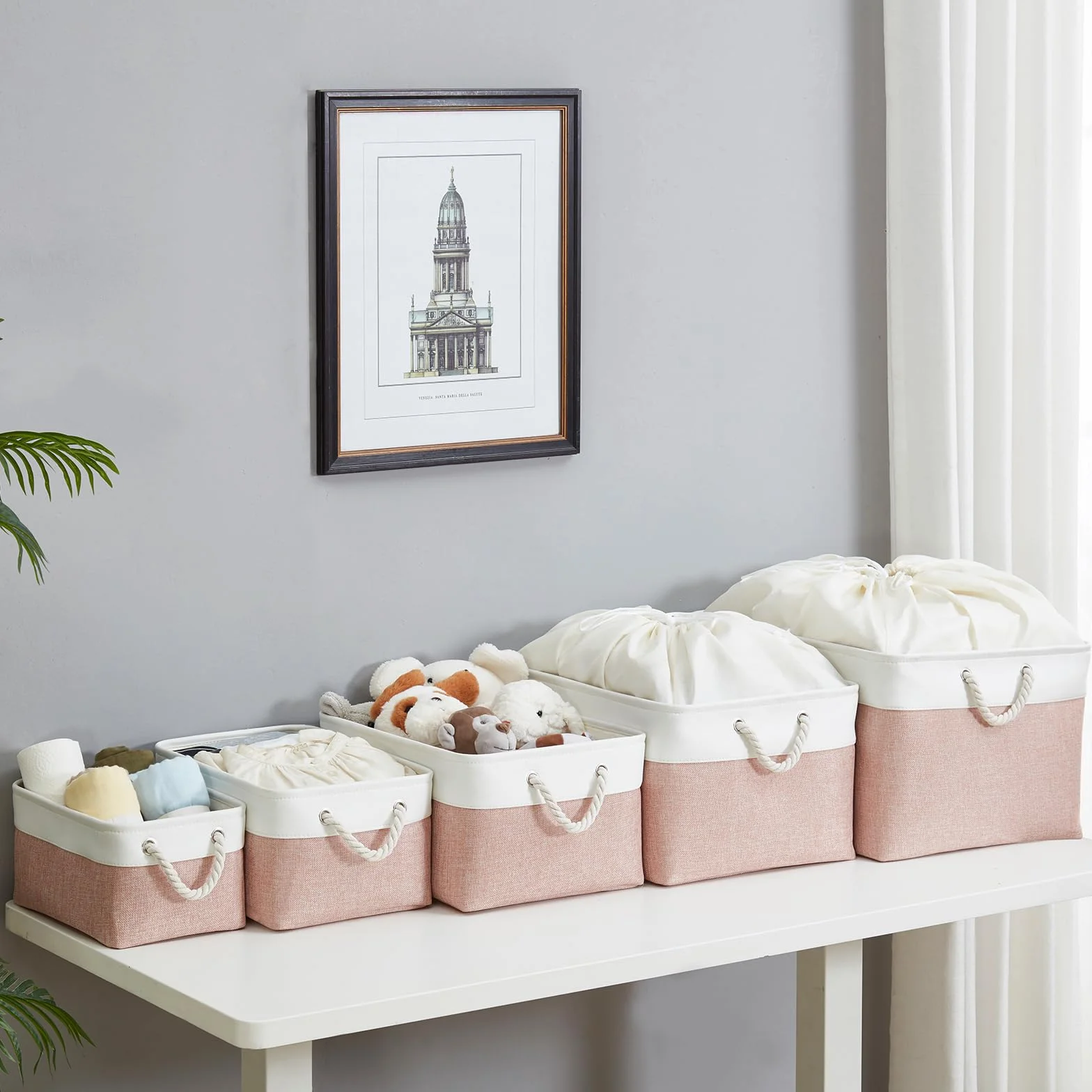 Mangata Scatole portaoggetti in tessuto morbido 36x26x18 cm rosa e bianco confezione da 3