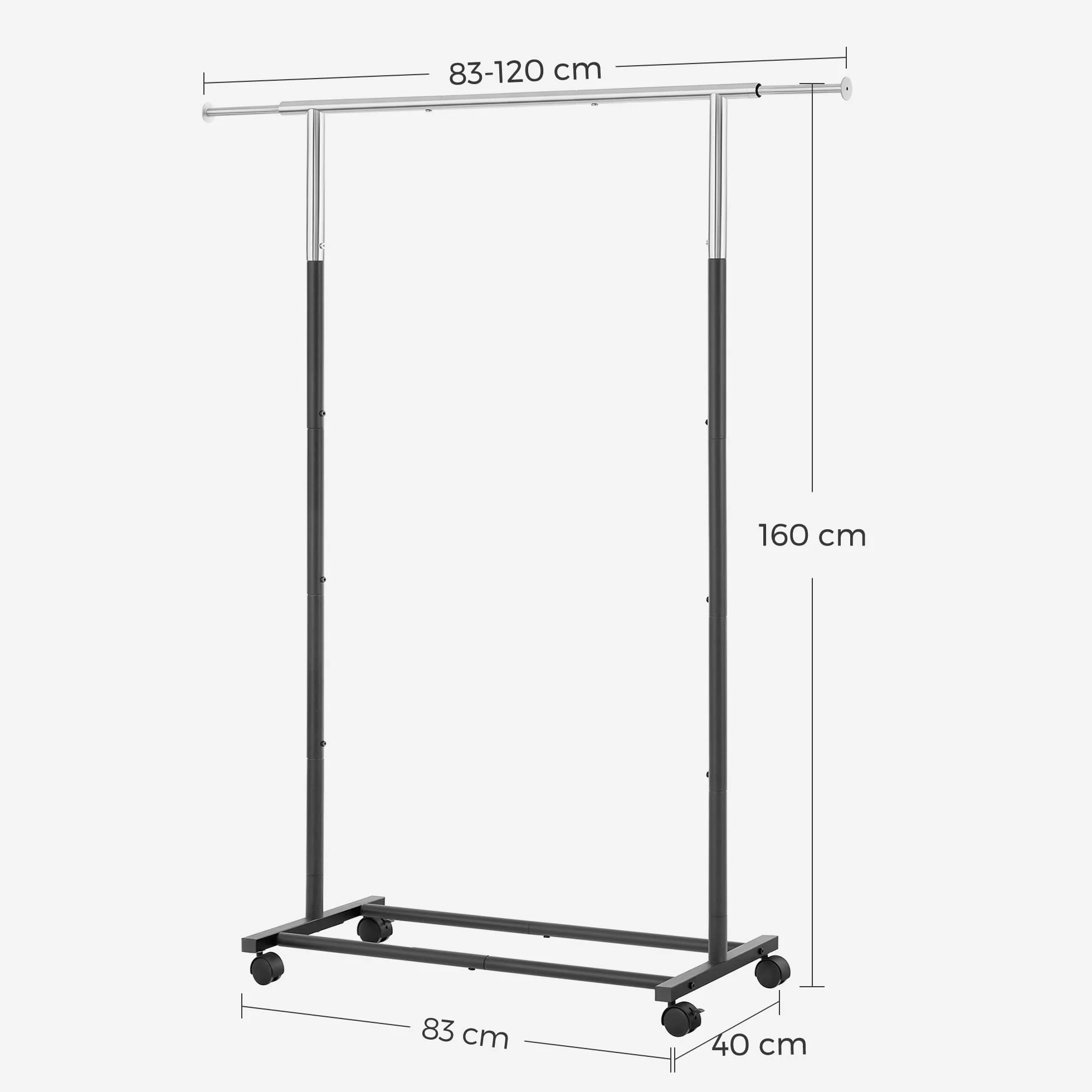 SONGMICS Stand Appendiabiti, Appendiabiti con Ruote, Capacità di Carico 25 kg, Estensibile, Color Argento e Nero HSR101B01