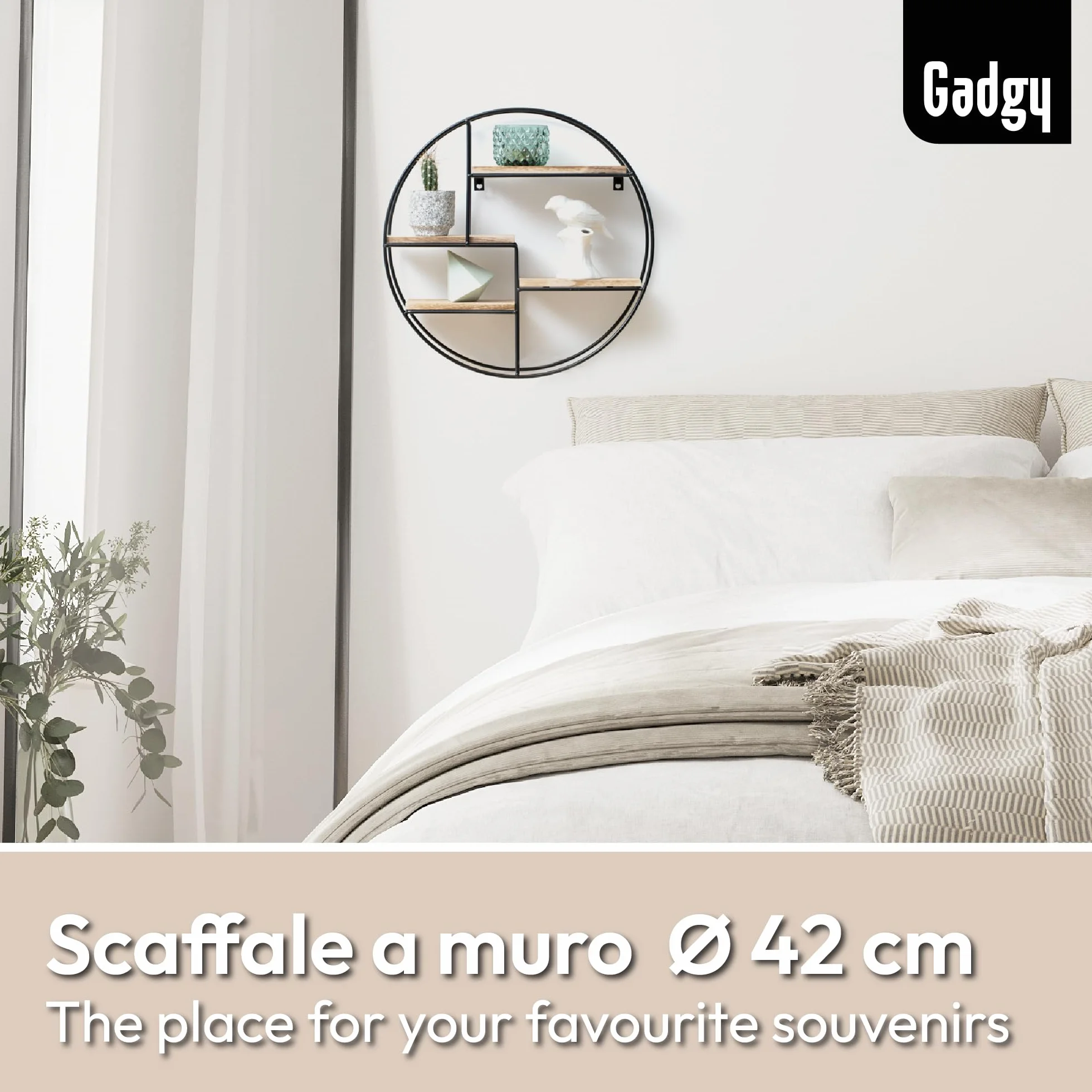 Mensola Rotonda da Parete con 4 Ripiani Gadgy in Legno e Metallo, Stile Industriale, 42 x 10 cm