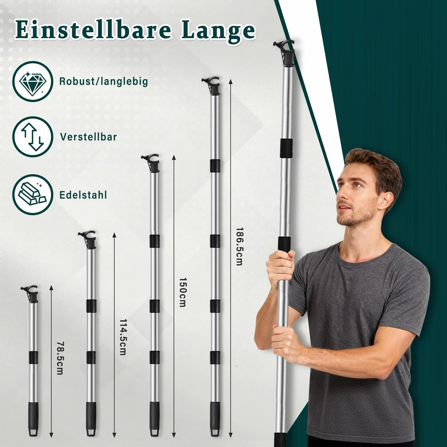 Asta Telescopica per Lucernario Velux GGL/GGU 185 cm Acciaio Inox Gancio Universale