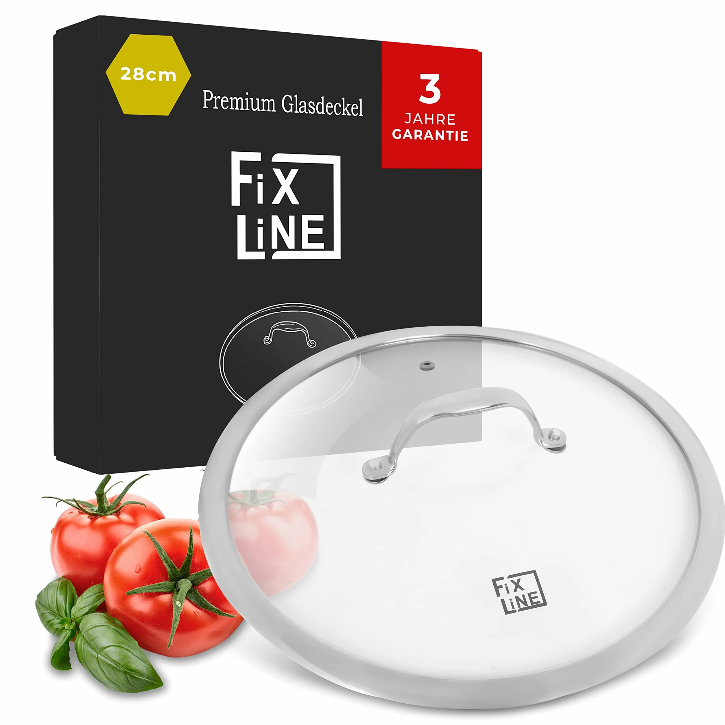 FIXLINE® Coperchio in vetro 28 cm – Coperchio universale in vetro temperato con uscita vapore e bordo in acciaio inox – Coperchio per padella e coperchio adatto per padelle e pentole Ø 28 cm
