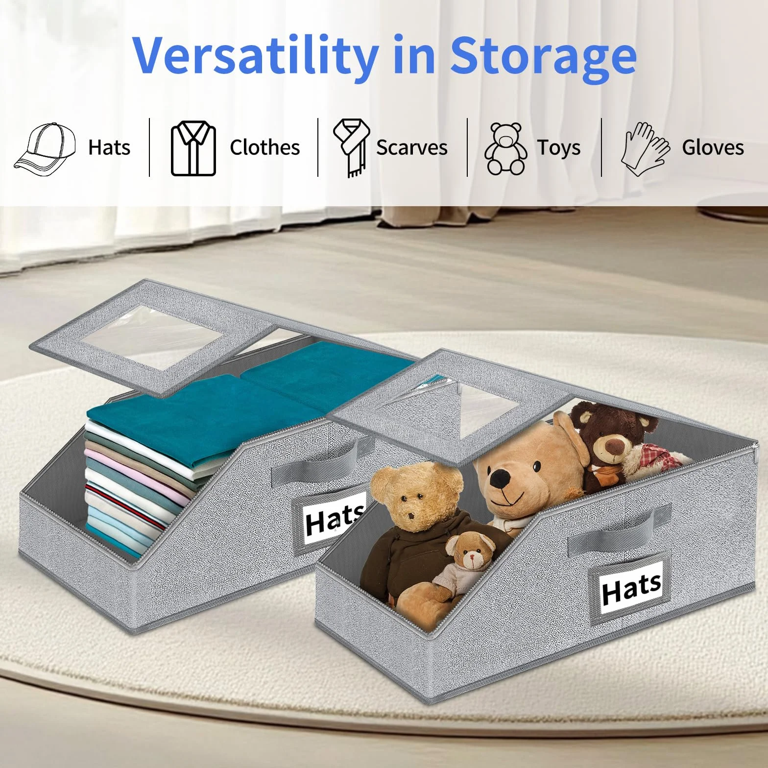 Organizer per cappelli da baseball, 2 pezzi, impilabili, con coperchio trasparente, cassetto e accesso flip-top, scatola per cappelli salvaspazio per armadio, tessuto traspirante, beige