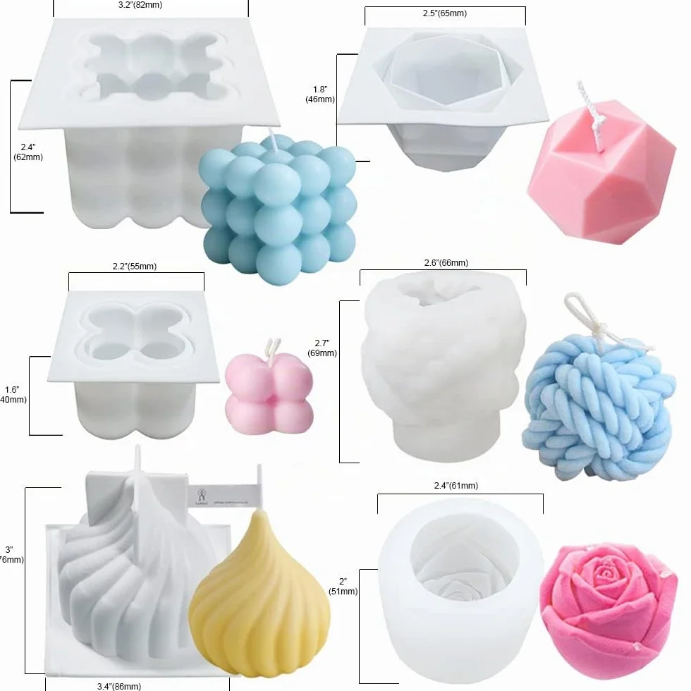 Stampi in Silicone Rosa per Candele Cubo a Bolle 3D, Set da 6 con 100 Stoppini e Porta Stoppino