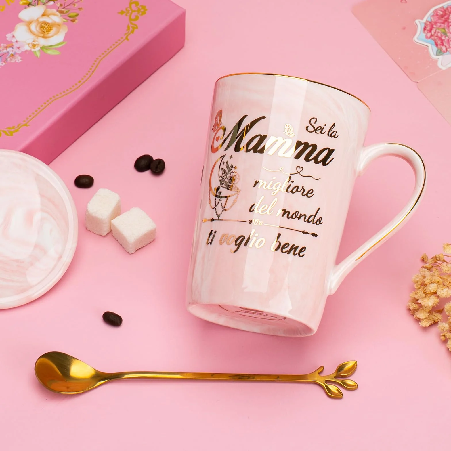 Tazza 400ml Ceramica Marmorizzata Rosa Regalo Mamma Compleanno Natale con Coperchio e Cucchiaio