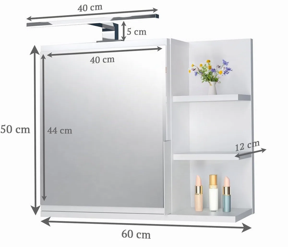 Mobiletto a specchio 60x50 bianco, per il bagno con mensole, specchio da bagno, mobiletto sospeso - da parete, LAMPADA LED - Destra