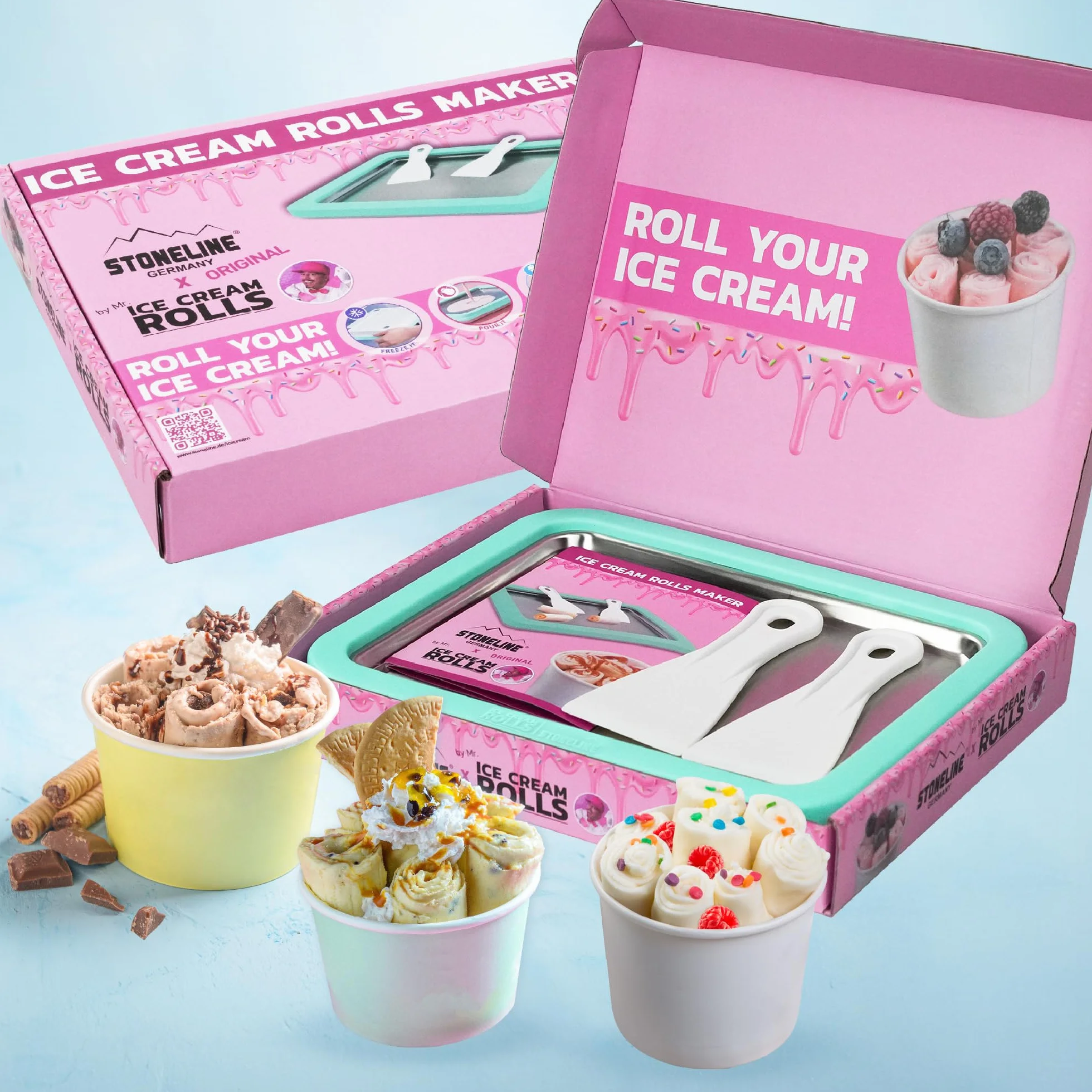 STONELINE by Mr. Ice Cream Rolls ORIGINALE Piastra di Gelato Istantaneo 26x21x3,5 cm con 2 Spatole, Macchina per Gelato Arrotolato