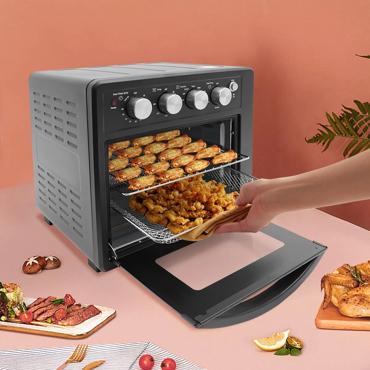 Forno elettrico da 25 l, con grande capacità, forno elettrico, friggitrice e tostapane, forno multifunzione, per famiglie, panetterie, ristoranti, snack bar, 42 x 36 x 40 cm, nero