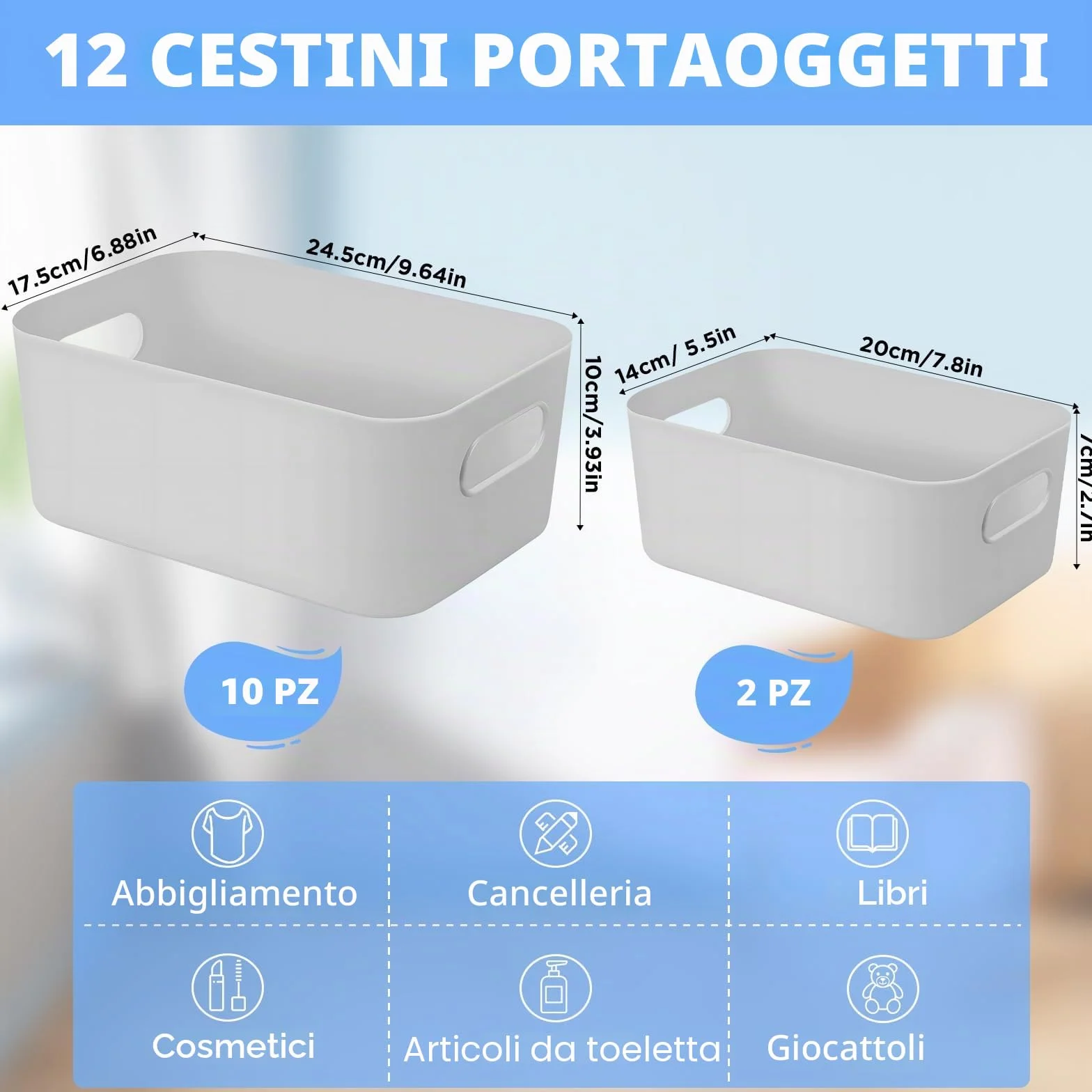 Cestini Portaoggetti Plastica con Manici 12 Pezzi per Bagno Cucina Armadio Grigio