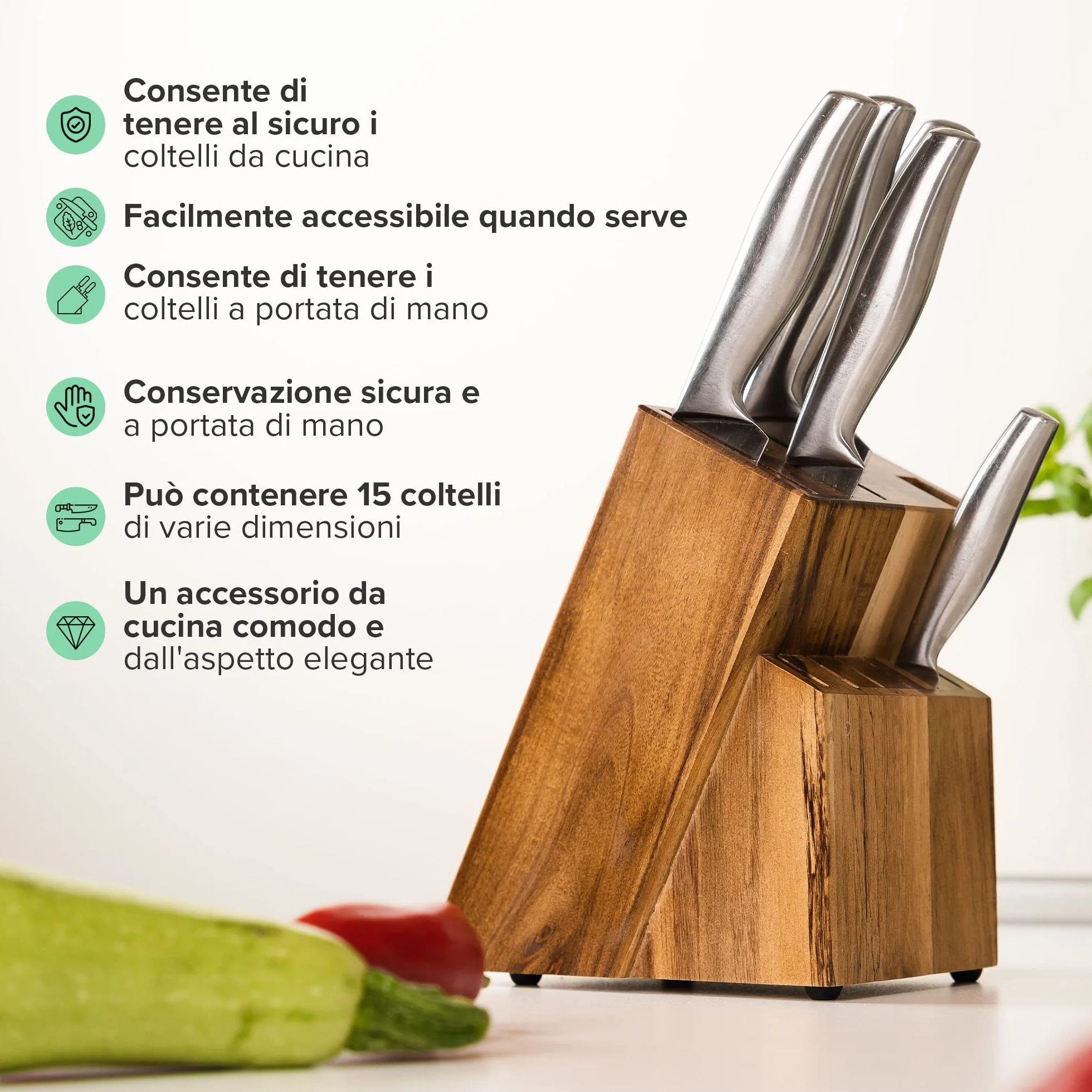 Coninx Ceppo Coltelli da Cucina in Legno Acacia - Porta Coltelli Cucina - Ceppo Coltelli Vuoto - Blocco Coltelli Universale senza Coltelli - 13 x 19.5 x 23 cm