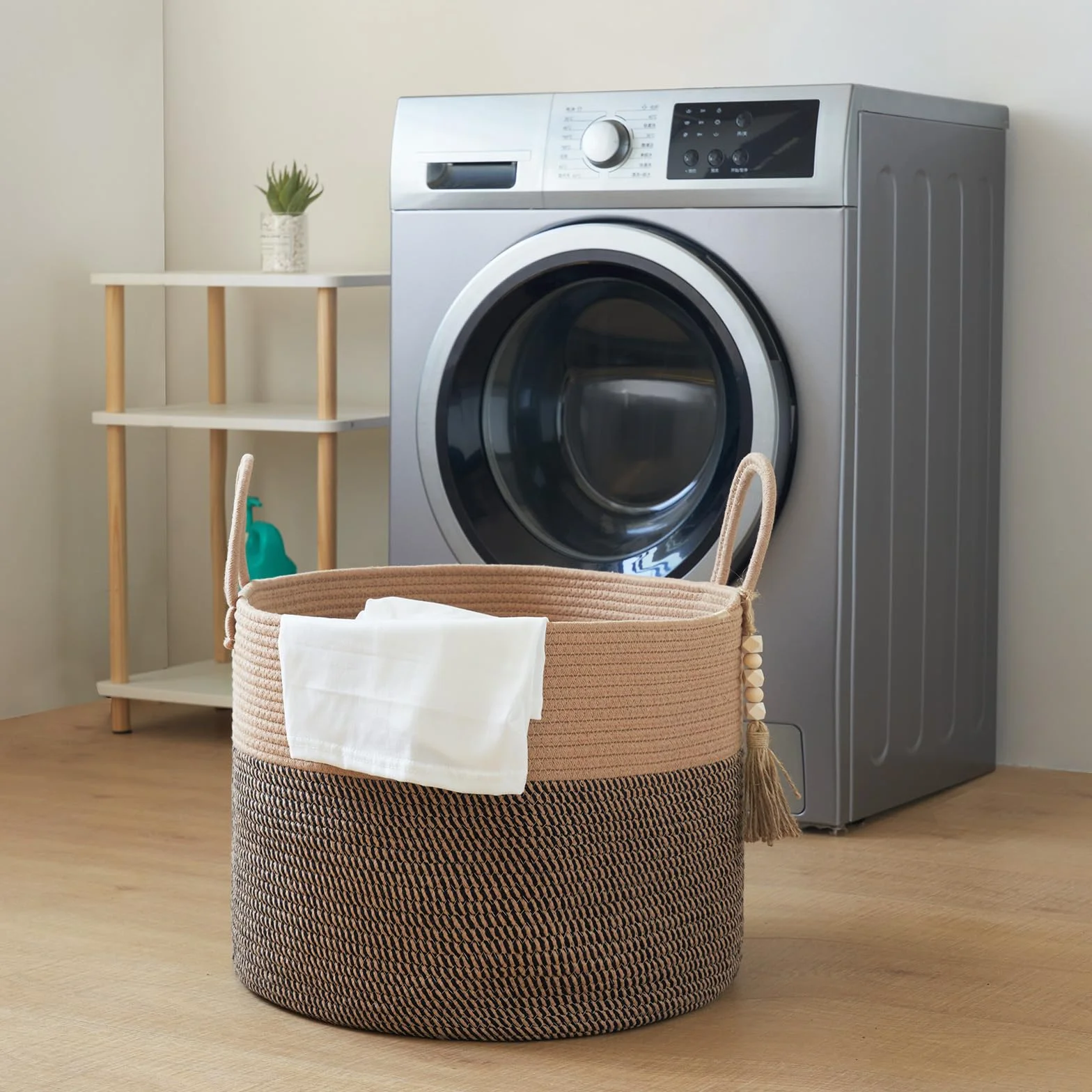 YOUDENOVA Cesto portabiancheria in legno con perline decorative, cestino portaoggetti per bambini, cesto per coperte in corda di cotone grande