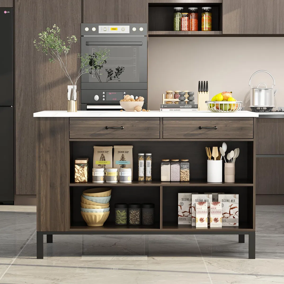 Isola da cucina marmorizzata - mobile 2 cassetti, tavolo da colazione, bar e ripiani MDF 75x140x92 cm