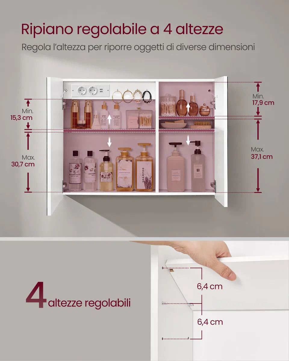 VASAGLE Kailyn Collezione - Armadietto a Specchio da Parete per Bagno con LED, Presa Multipla, Funzione Antiappannamento, Specchio Ingranditore 10x, Stile Moderno, 16,5 x 80 x 60 cm, Bianco BBK134W01