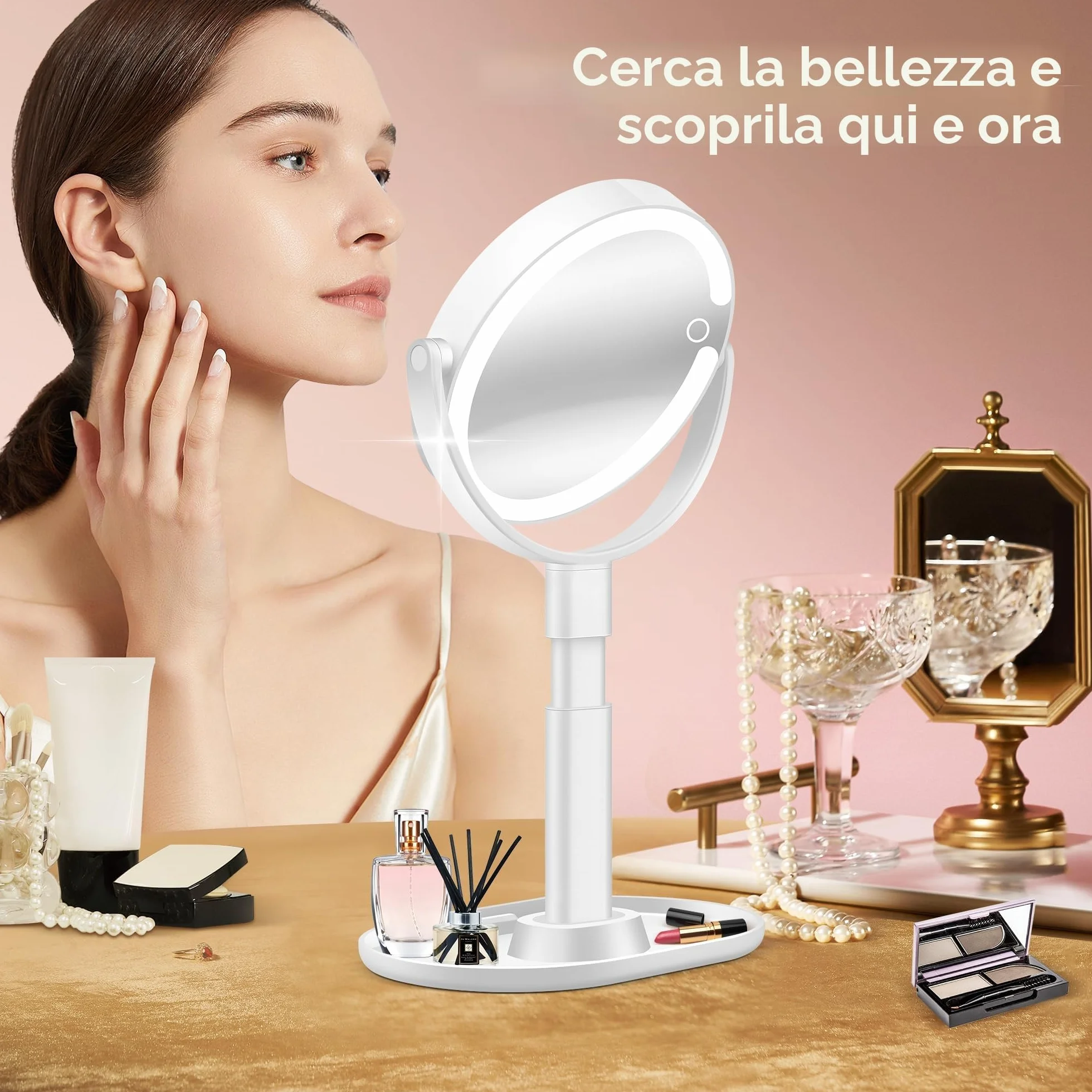 B Beauty Planet Specchio da Trucco Illuminato 30 X con 3 Luci di Colore, LED Dimmerabile e Regolabile in Altezza – Specchio Cosmetico 2 Lati per Bagno – Regalo per Donne Bianco