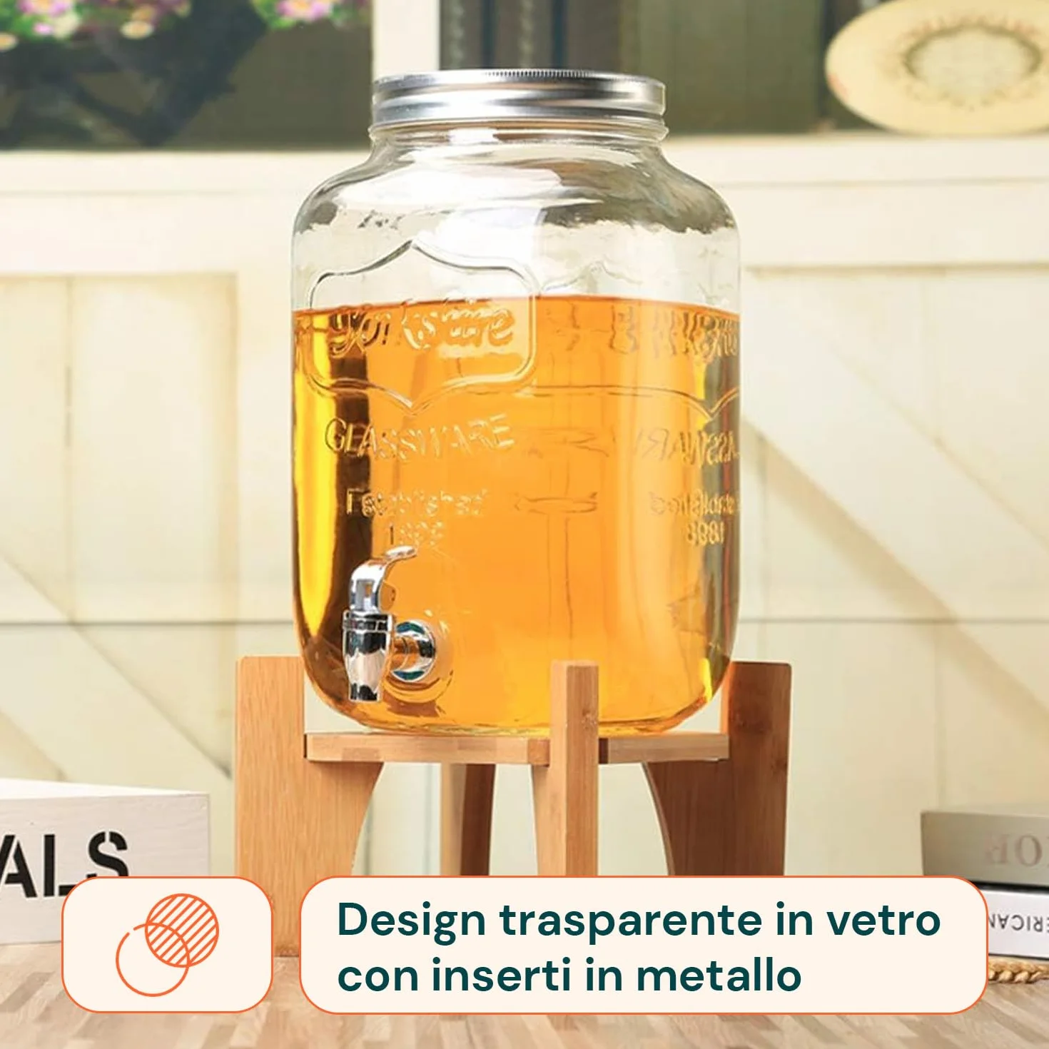 Avilia Dispenser Bevande in Vetro 8 Litri Rubinetto Acciaio Inox per Acqua e Bibite con Infusore