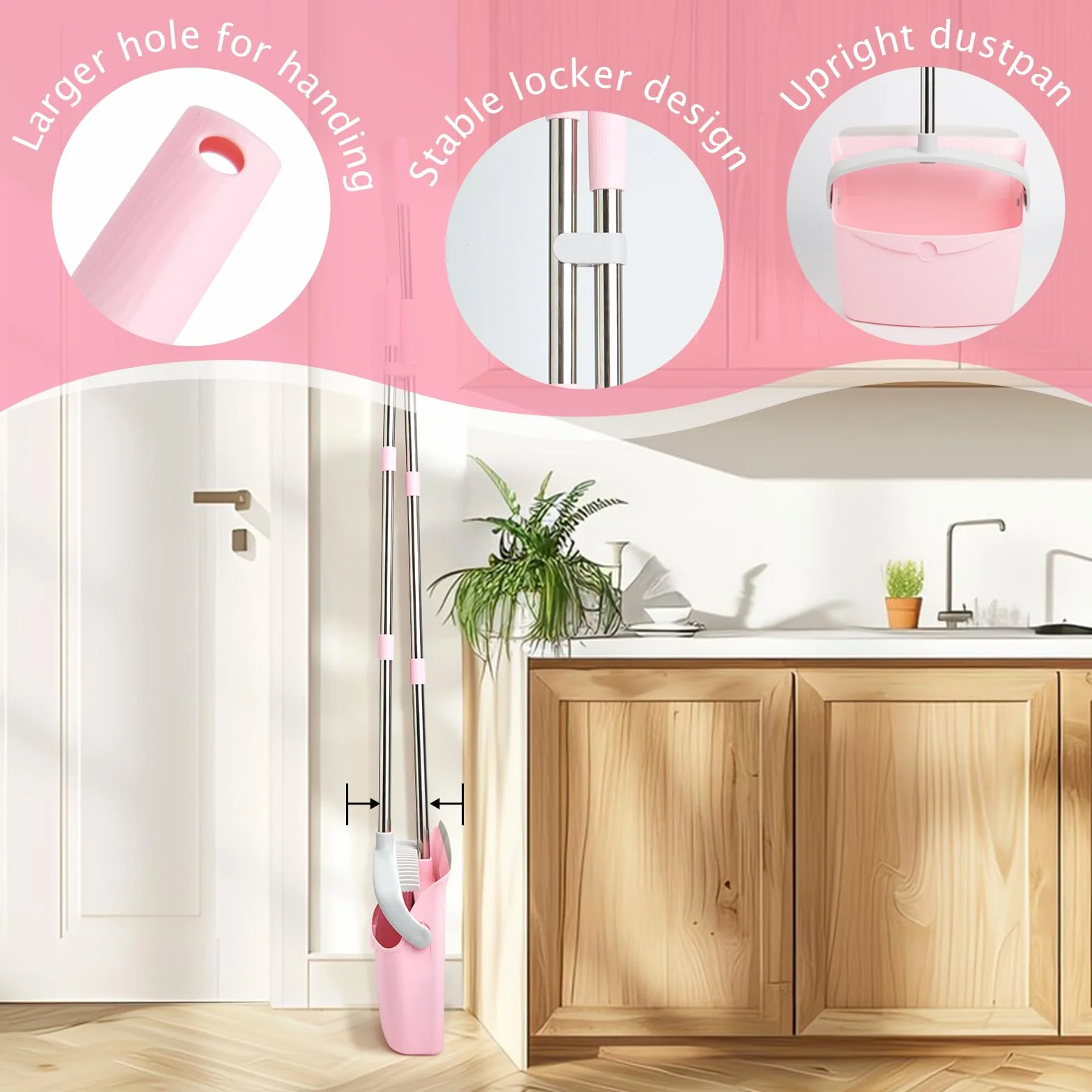 Set di scope e paletta con manico lungo, scopa con paletta, set con manico estraibile, paletta Broom and Dustpan, per la pulizia della casa, ufficio (grigio-rosa)