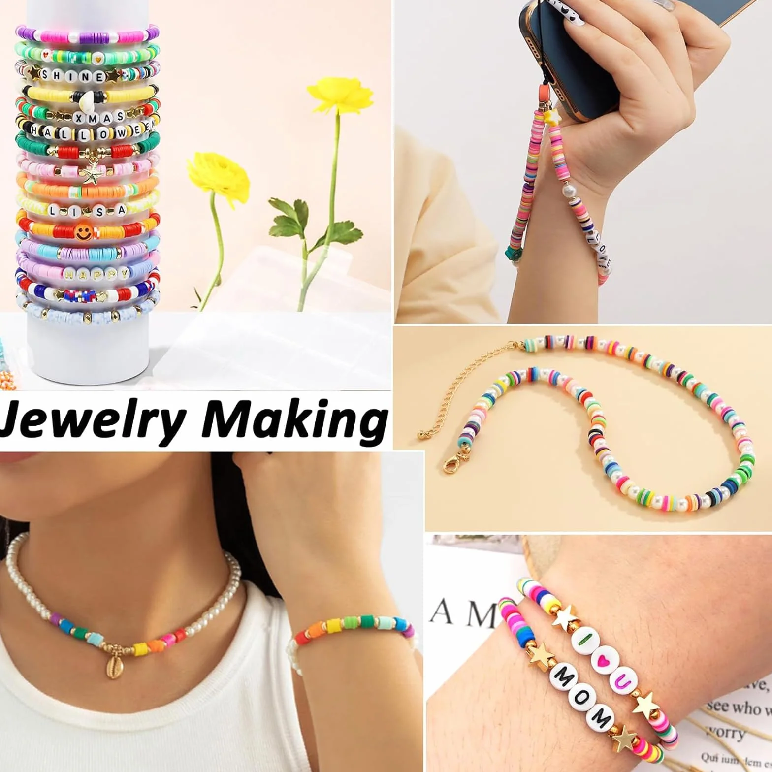 Qikuver Kit per la creazione di bracciali, 8230 perline in argilla, 60 colori, 3 scatole di perline per la creazione di gioielli, perline rotonde con lettere, cuori e motivi con ciondoli, braccialetti