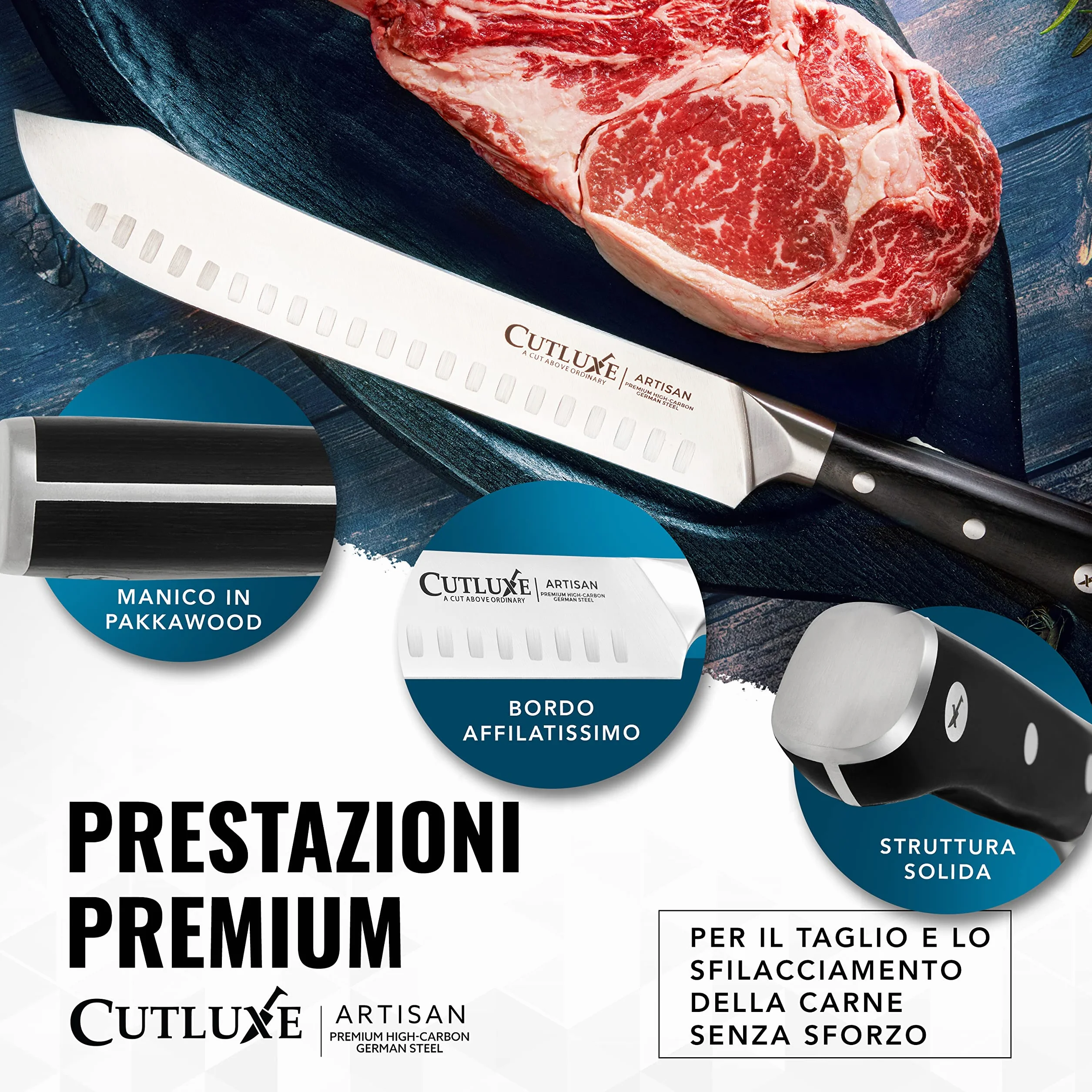 Cutluxe Coltello da Macellaio 25cm, Coltello Bull Nose, Acciaio al Carbonio, Lama Affilata e Resistente, Artisan Series