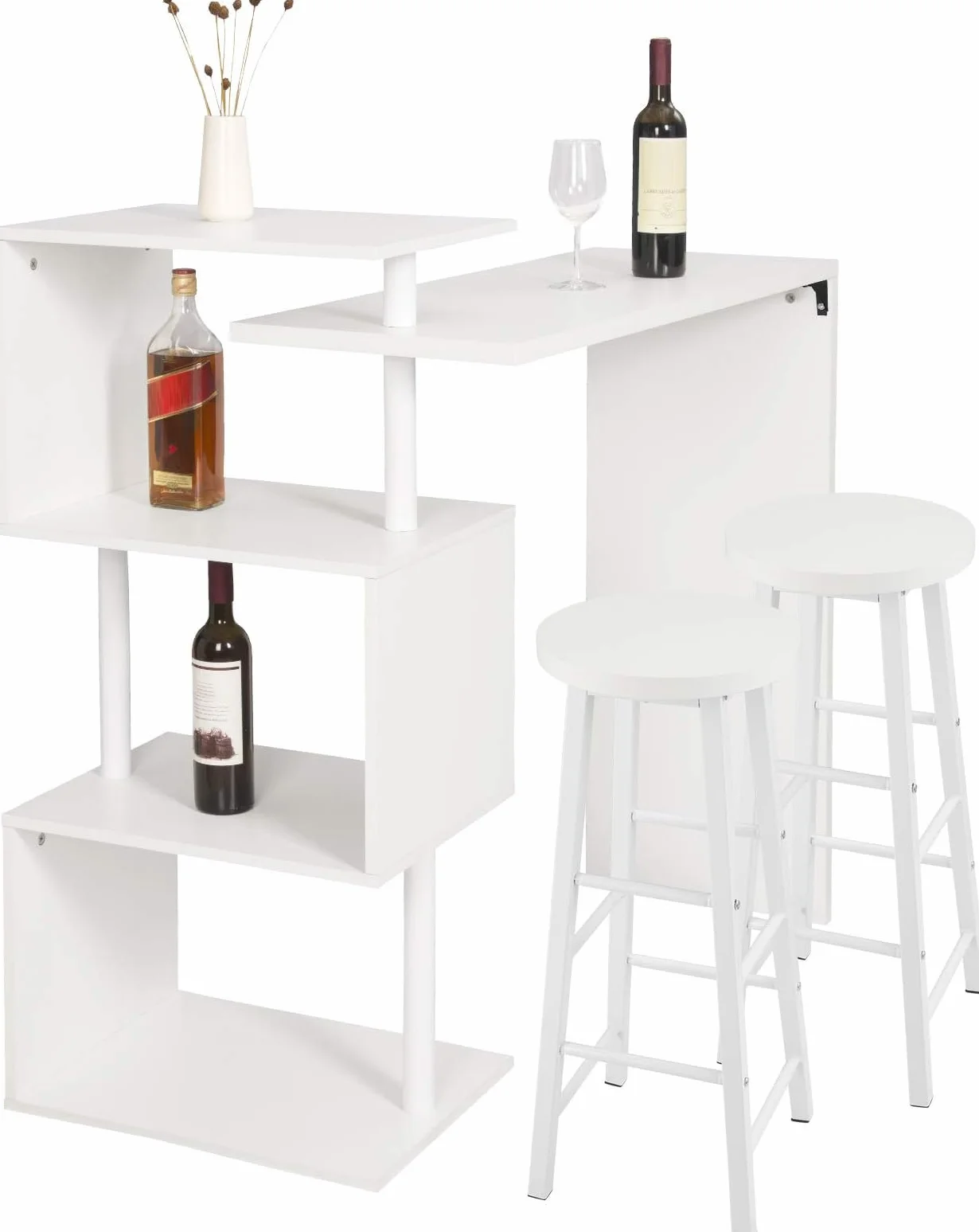 WOLTU Tavolo con 2 Sgabelli Alti Set, Mobili da Bar Bancone con ripiano portaoggetti, Tavolo Alto con Sedia in Acciaio Legno per Cucina, Bianco