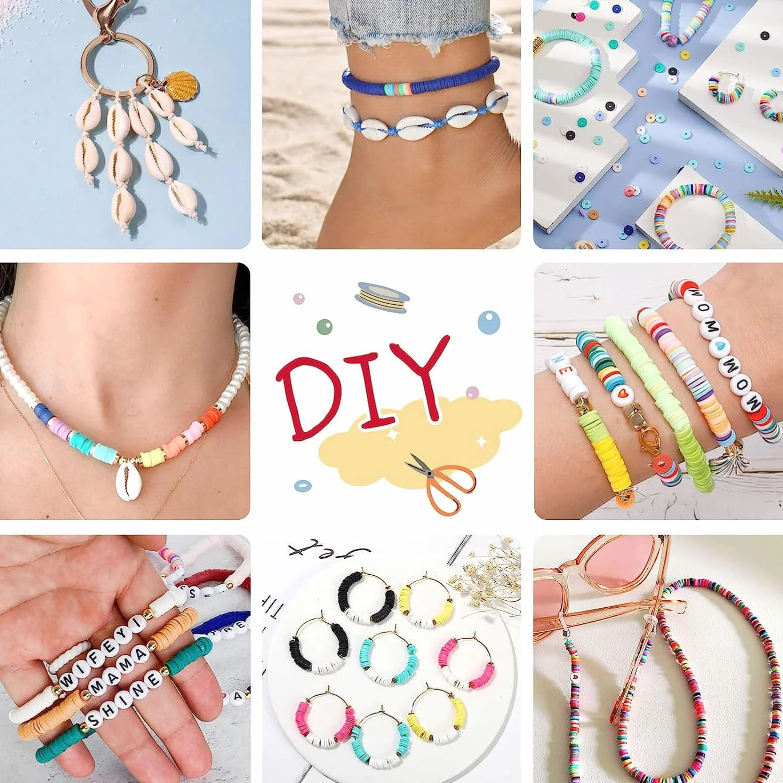 Qikuver Kit per la creazione di bracciali, 8230 perline in argilla, 60 colori, 3 scatole di perline per la creazione di gioielli, perline rotonde con lettere, cuori e motivi con ciondoli, braccialetti