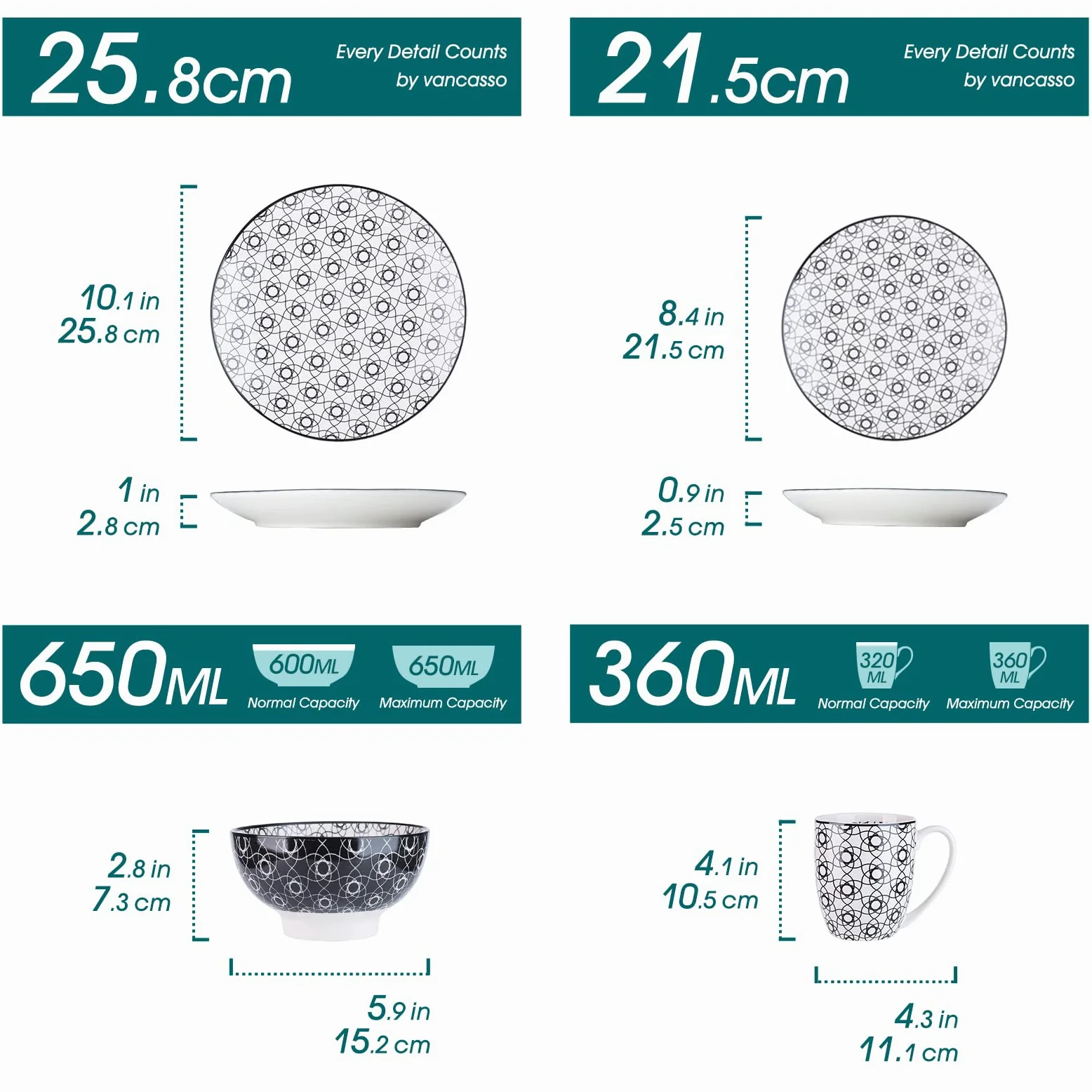 vancasso Haruka, Servizio Piatti Colorati 8 Persone Set 32 Pezzi Stile Giapponese Nero in Porcellana con Piatti frutta, Tazza da Tè, Piatti Piano Scodella Colazione