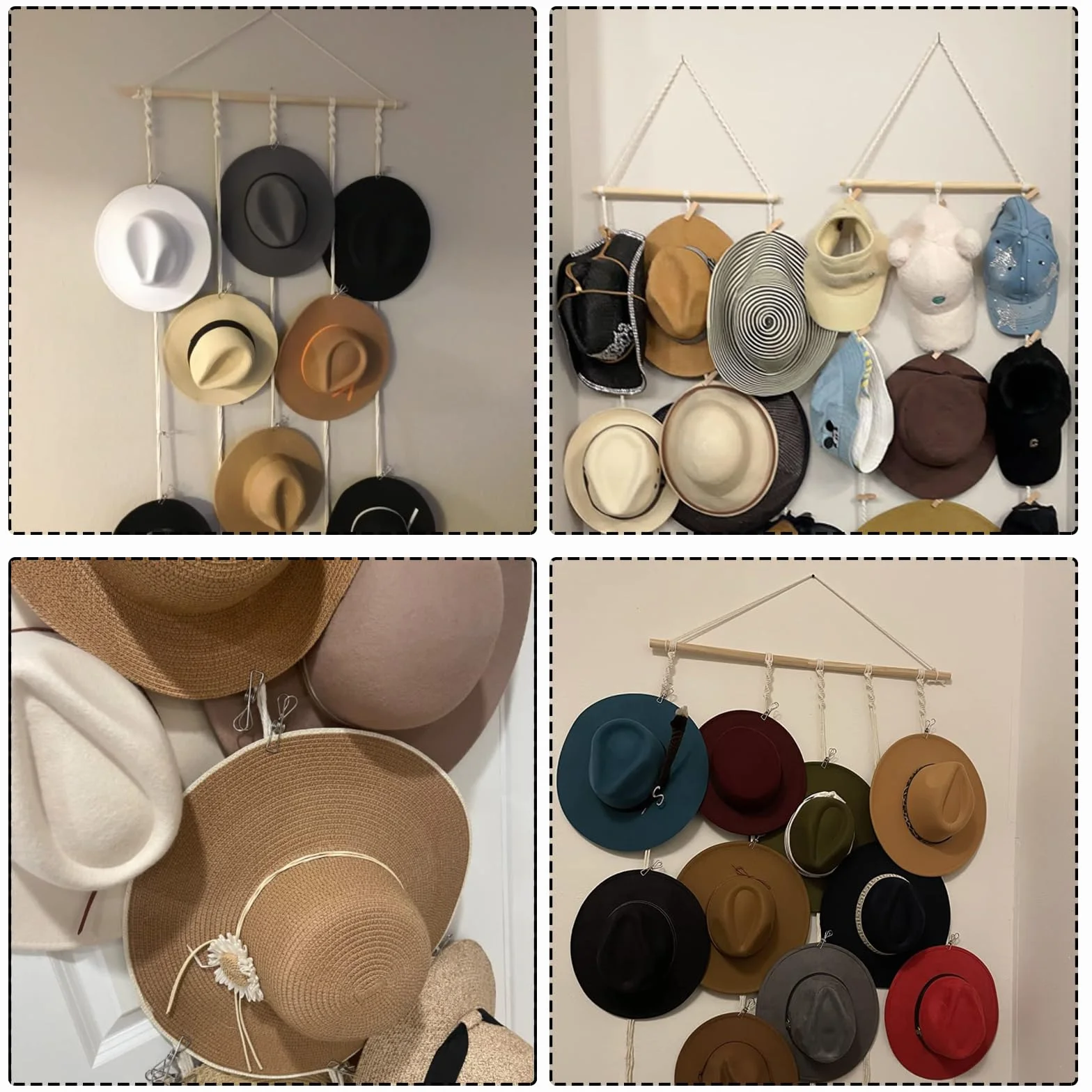 JOJOCY Porta cappelli da parete con 12 clip, organizer boho per cappelli Fedora, cowboy, tesa larga 155x80 cm