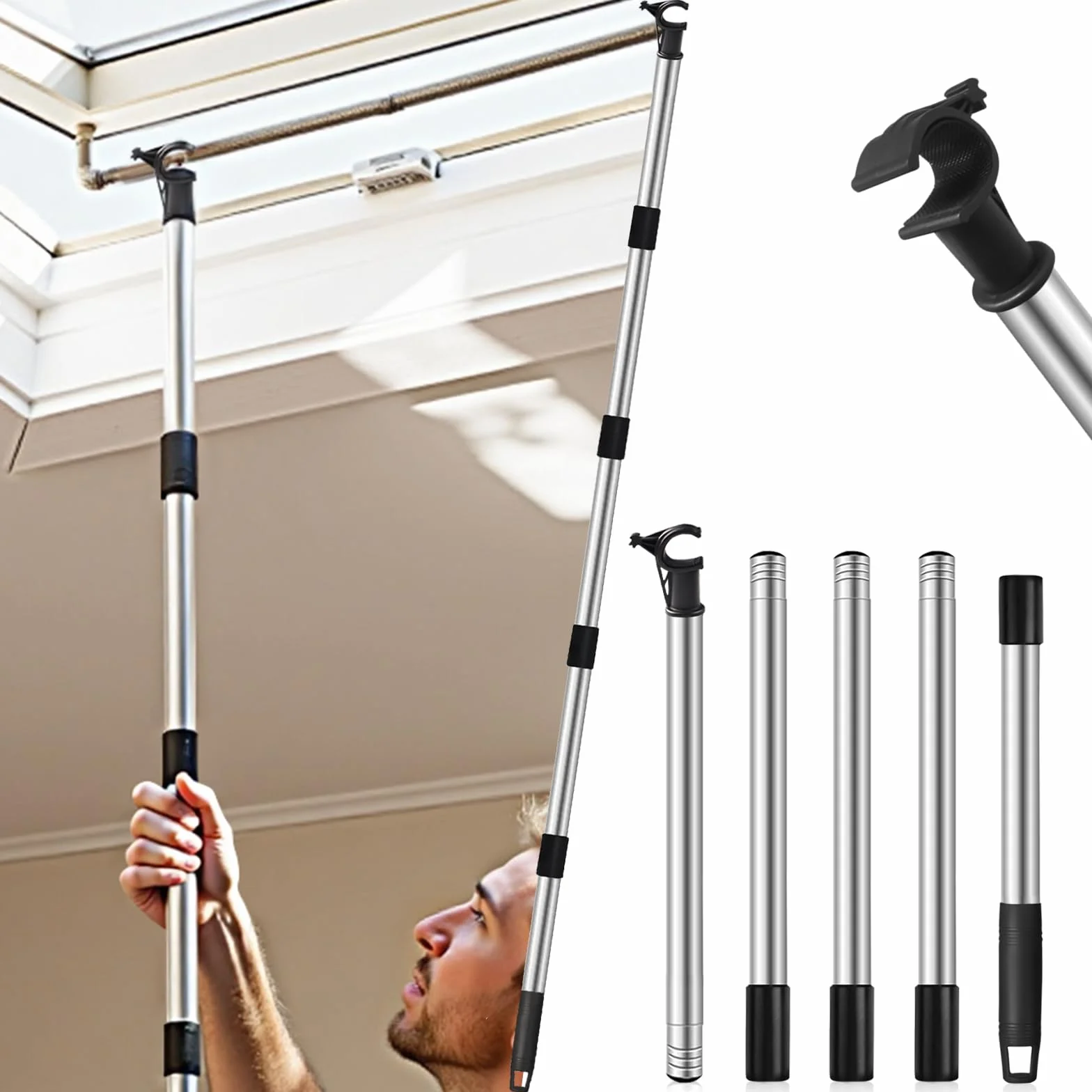 Asta Telescopica per Lucernario Velux GGL/GGU 185 cm Acciaio Inox Gancio Universale