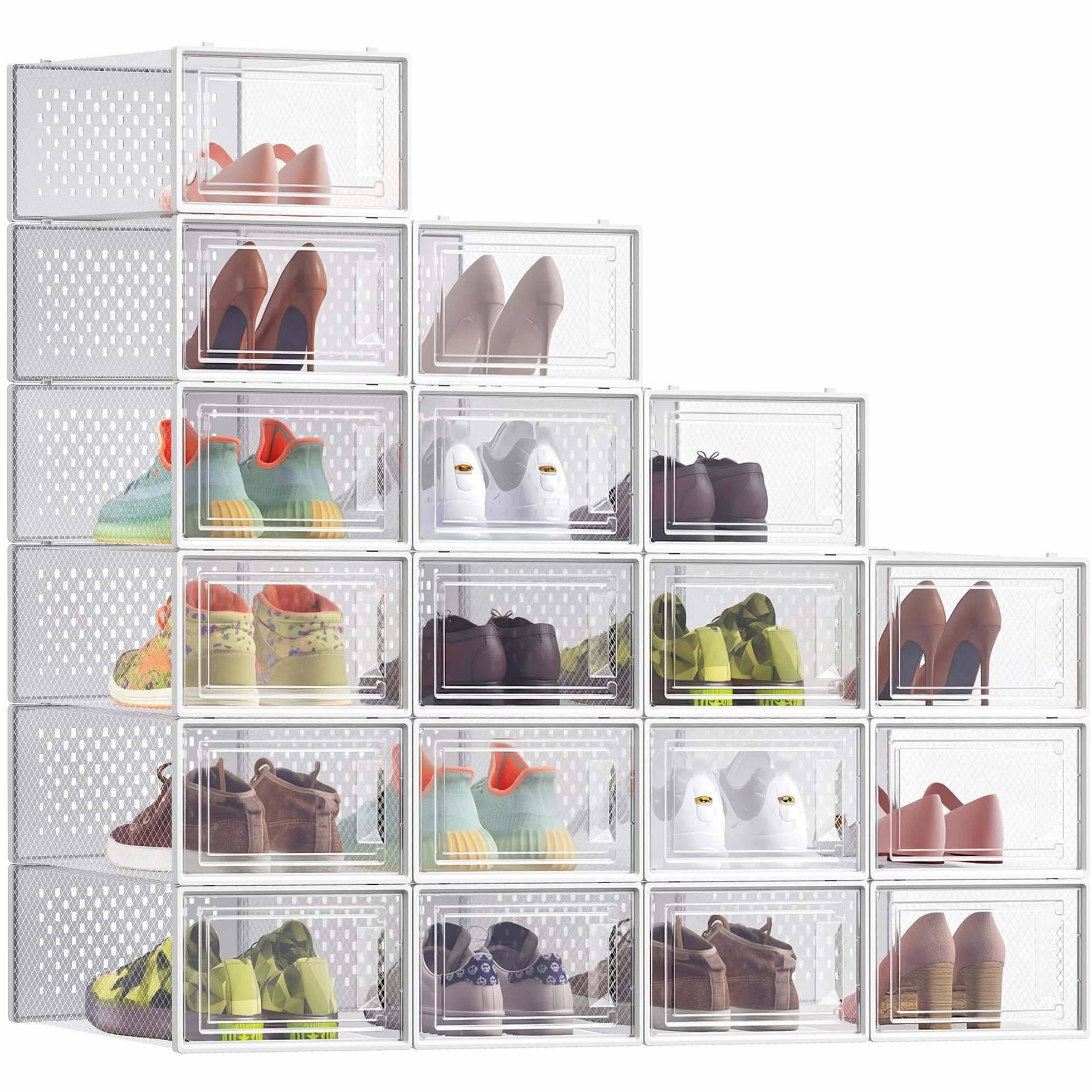 SONGMICS Scatole per Scarpe Pieghevoli e Impilabili Set di 18 Trasparente Bianco Nuvola LSP066W18